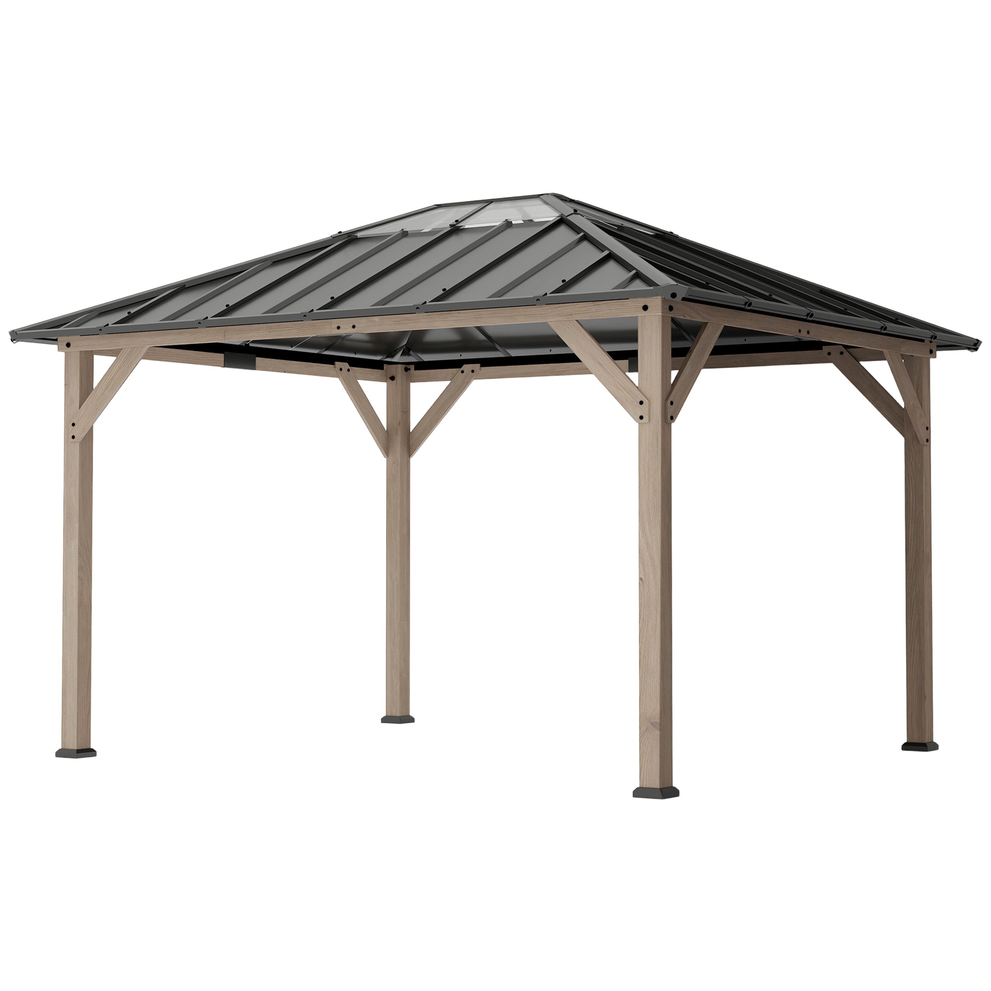 10 x 12 Hardtop Gazebo with Galvanized Steel Roof, UPF50+ Wood Permanent Pavilion with Clear Roof Top, Light Walnut