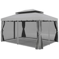 10 x 13 Patio Gazebo w/ Aluminum Frame Double Roof, Outdoor Gazebo Canopy Shelter with Netting & Curtains, Gray