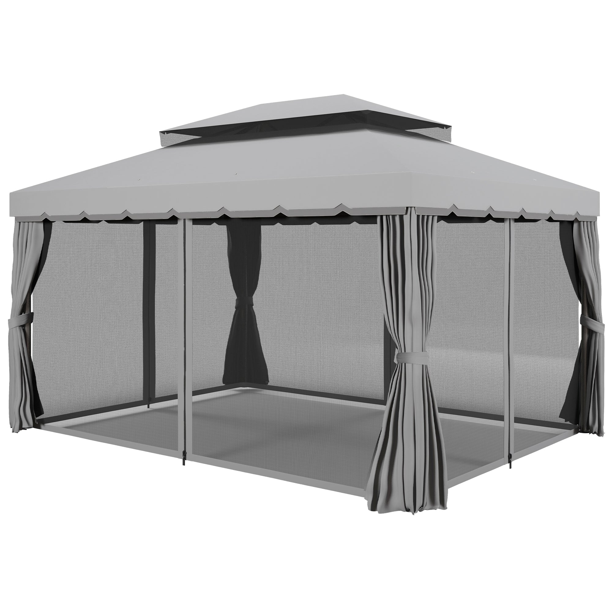10 x 13 Patio Gazebo w/ Aluminum Frame Double Roof, Outdoor Gazebo Canopy Shelter with Netting & Curtains, Gray