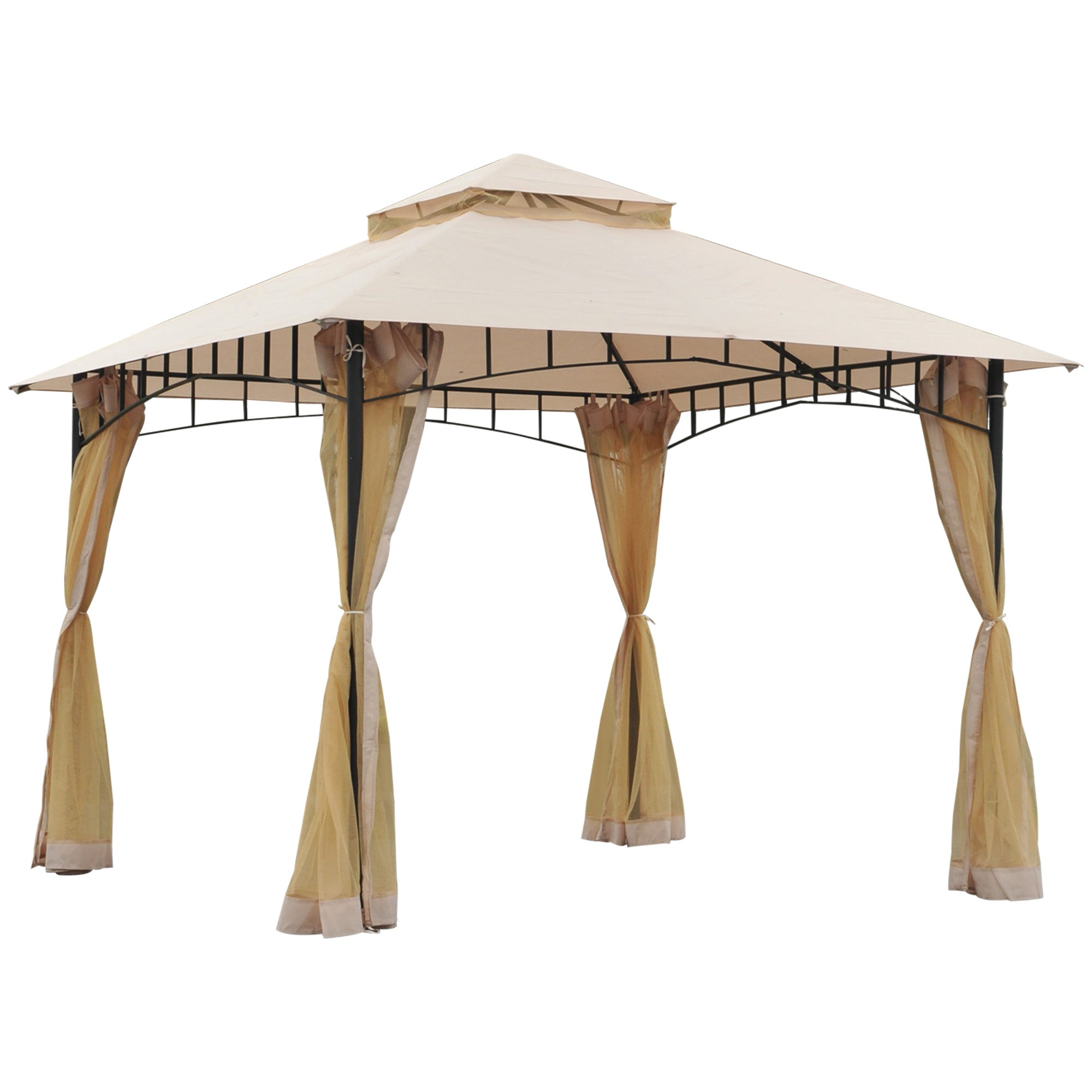 10 x 10 Outdoor Patio Gazebo Canopy Tent with Mesh Sidewalls, 2-Tier Canopy for Backyard, Beige