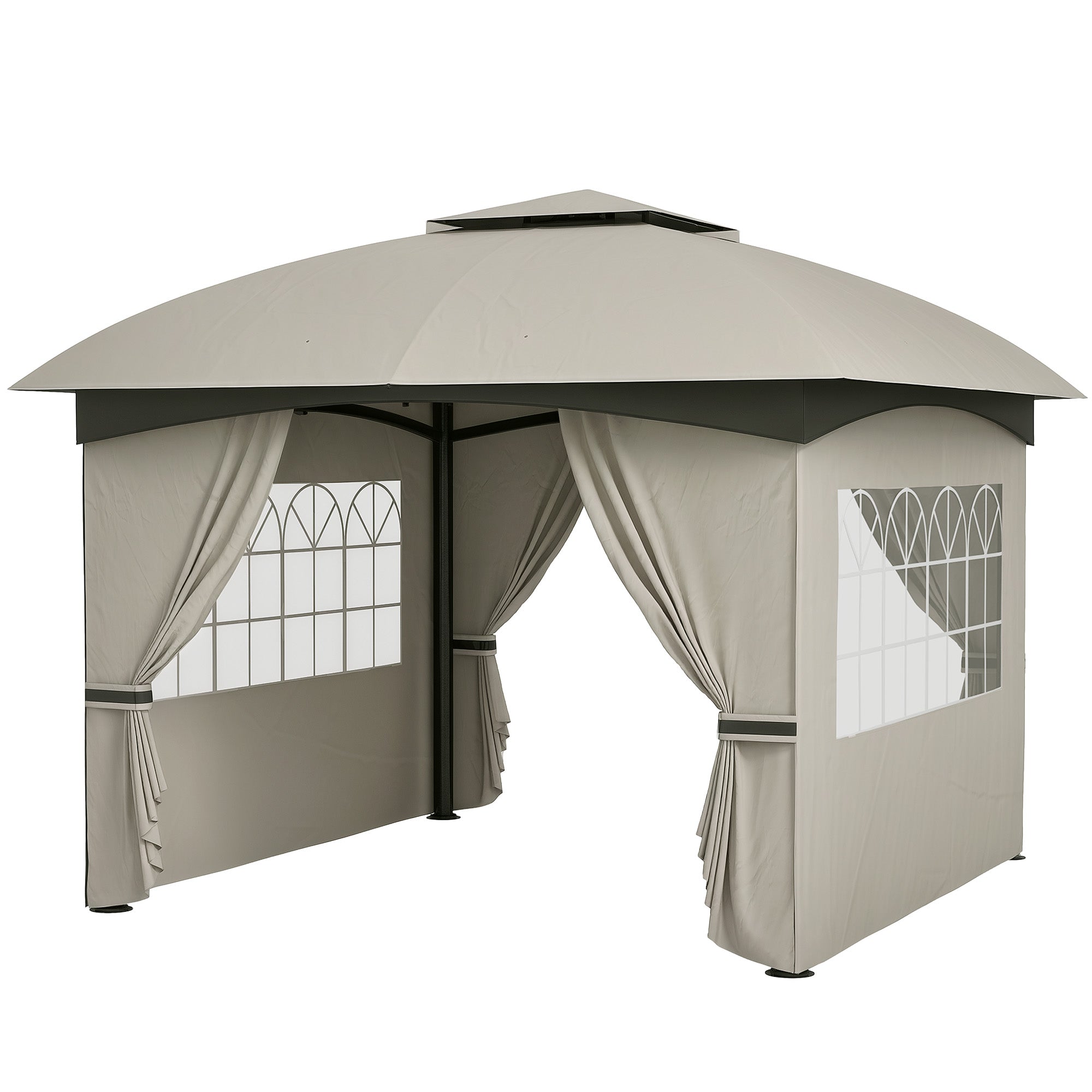 11 x 11 Outdoor Gazebo, Double Roof Patio Gazebo with Curtains, Church Windows, Galvanized Steel Frame, Light Gray