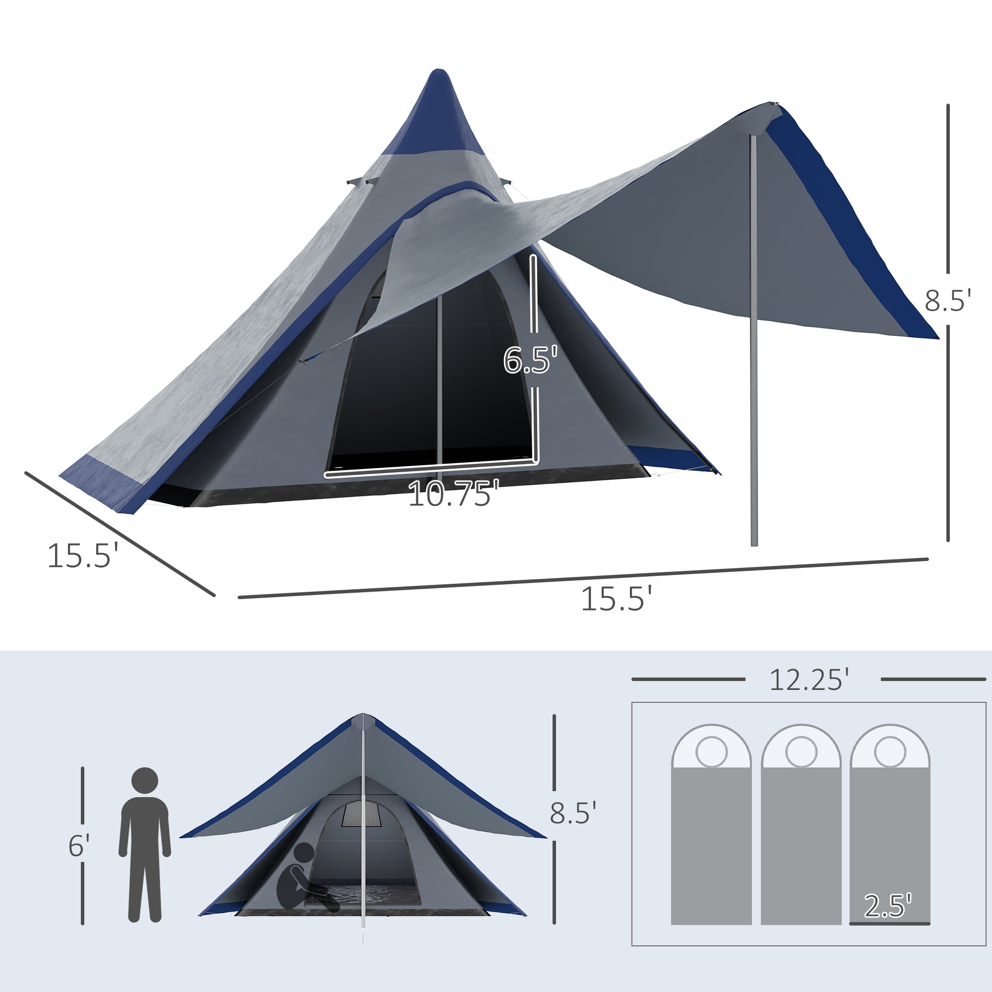 15.4x15.4x8.5 Teepee Tent, Waterproof Camping Tent with Porch Area, Floor and Carry Bag, for 2-3 Person Outdoor Backpacking Camping Hiking, Blue image 3