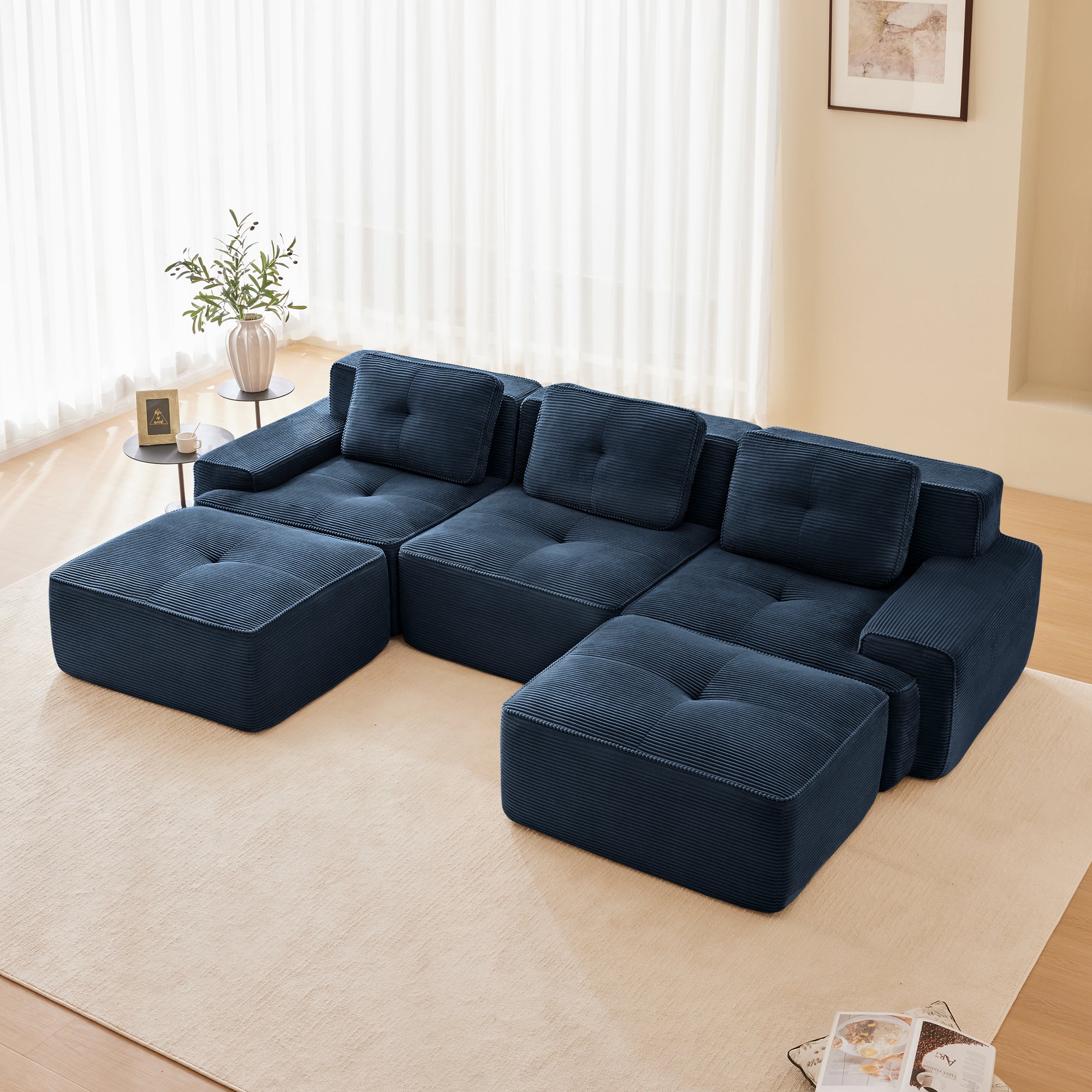 117 Modern U-Shaped Modular Sectional Sofa For Living Room, Corduroy Fabric, 3-Seater Couch With Deep Seat And Movable Ottoman,Pearl-like Piping, Tufted Design,No Assembly, Anti-slip Design,Blue