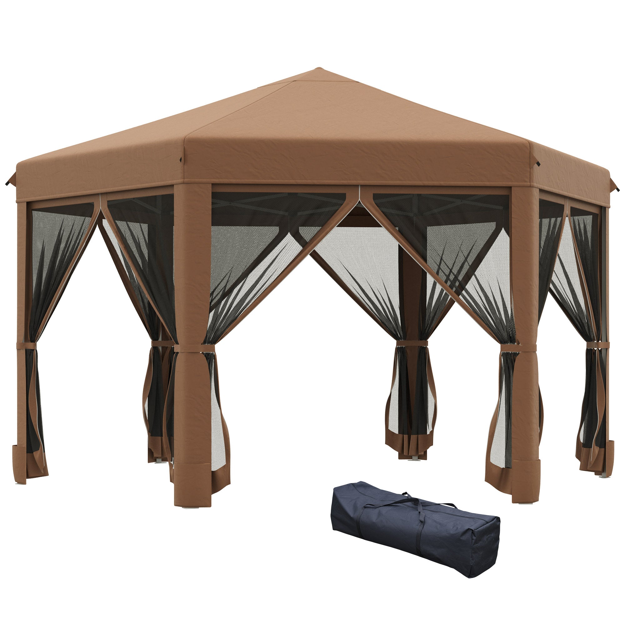 13 x 11 Hexagonal Pop Up Gazebo, Heavy Duty Outdoor Canopy Tent with 6 Mesh Sidewall Netting, 3-Level Adjustable Height and Strong Steel Frame, Brown