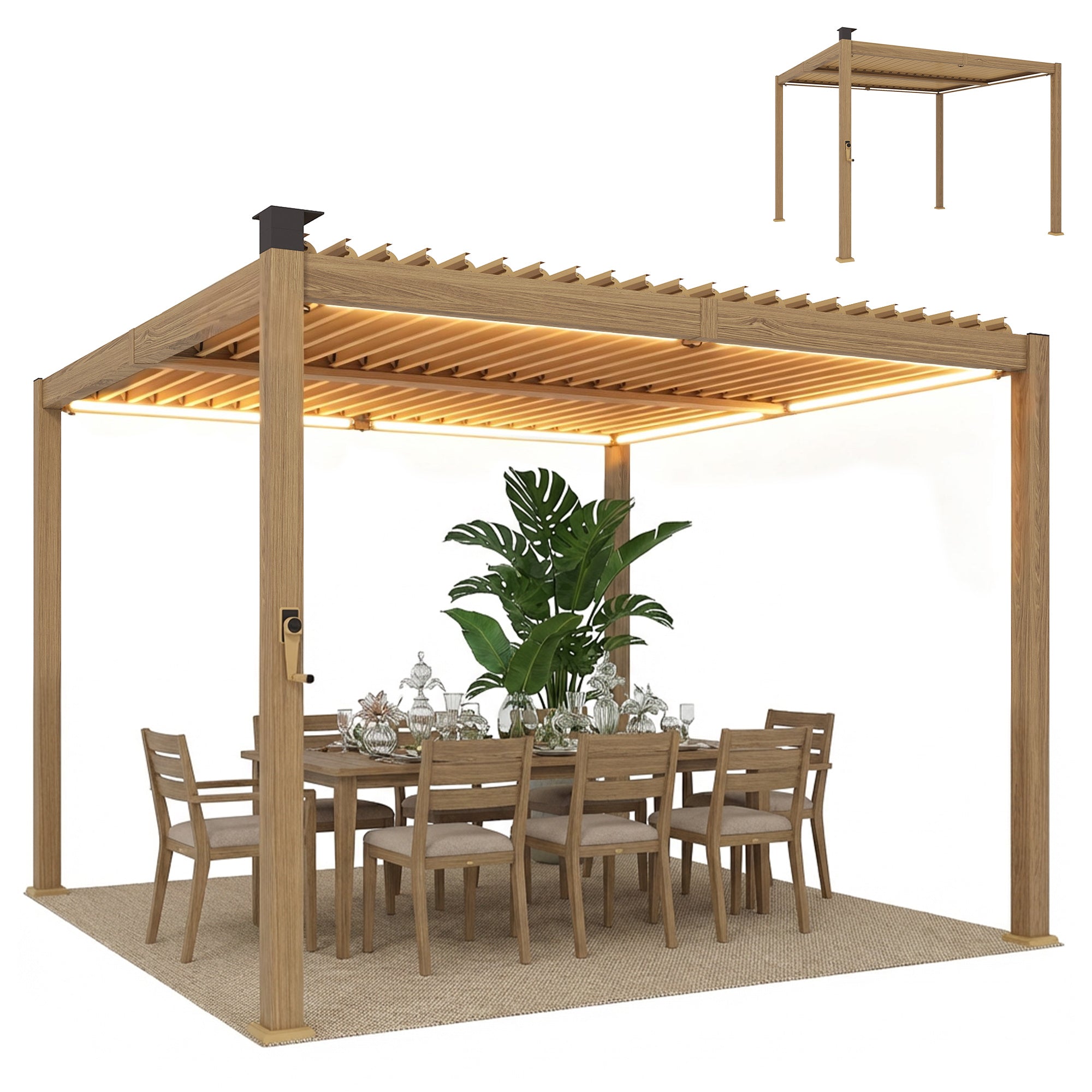 10 x 10 Louvered Pergola with Solar LED lights, Metal Roof, Outdoor Pergola Patio Gazebo with Drainage Gutters, Brown
