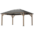 12 x 16 Hardtop Gazebo with Galvanized Steel Roof, UPF50+ Wood Permanent Pavilion with Clear Roof Top, Light Walnut