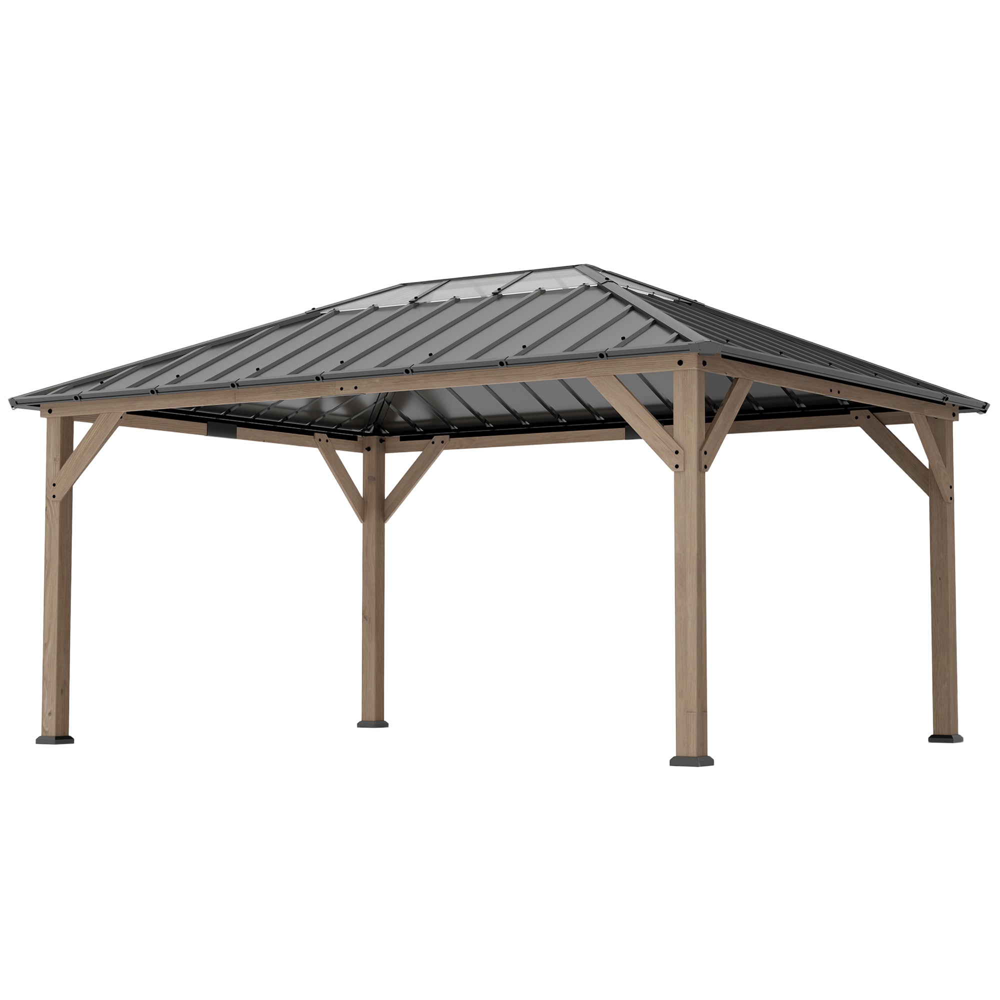 12 x 16 Hardtop Gazebo with Galvanized Steel Roof, UPF50+ Wood Permanent Pavilion with Clear Roof Top, Light Walnut