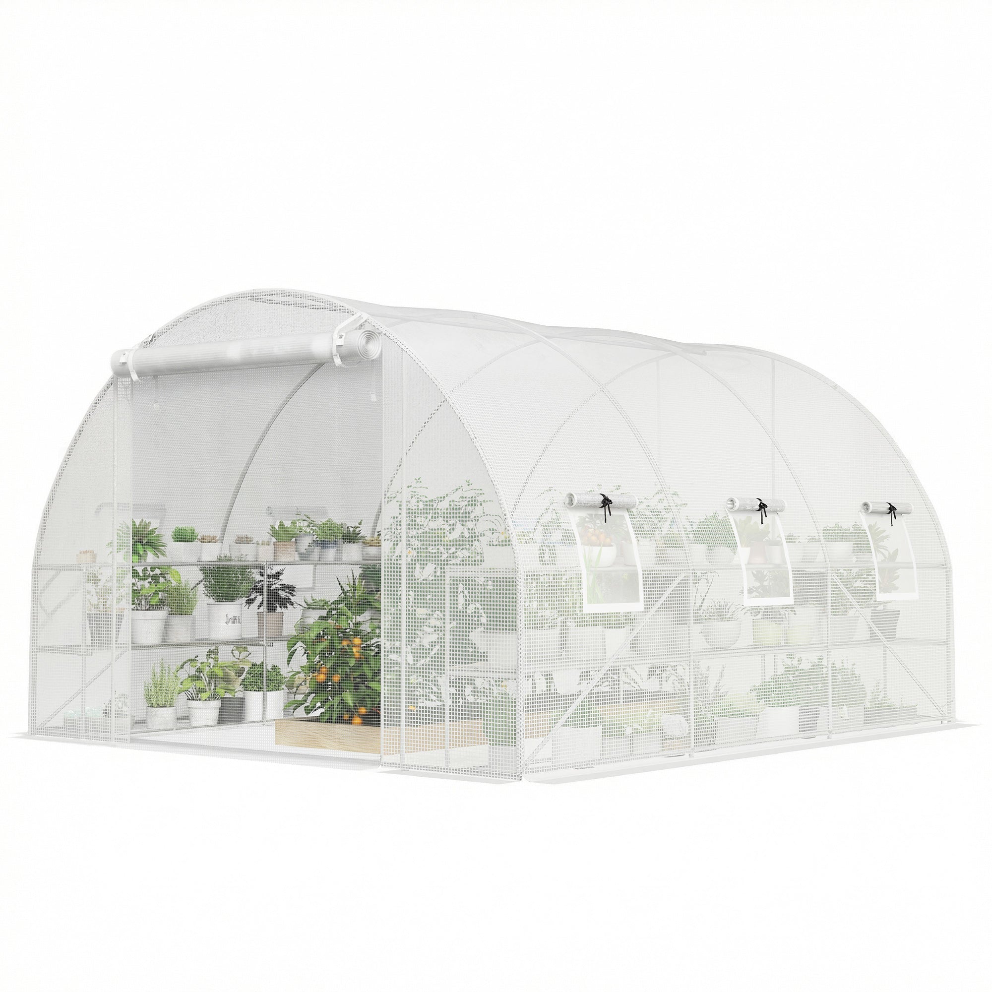 10x11x6 Walk-in Tunnel Greenhouse with Shelves, Mesh Door and Windows, Hoop House Greenhouse with PE Cover, White
