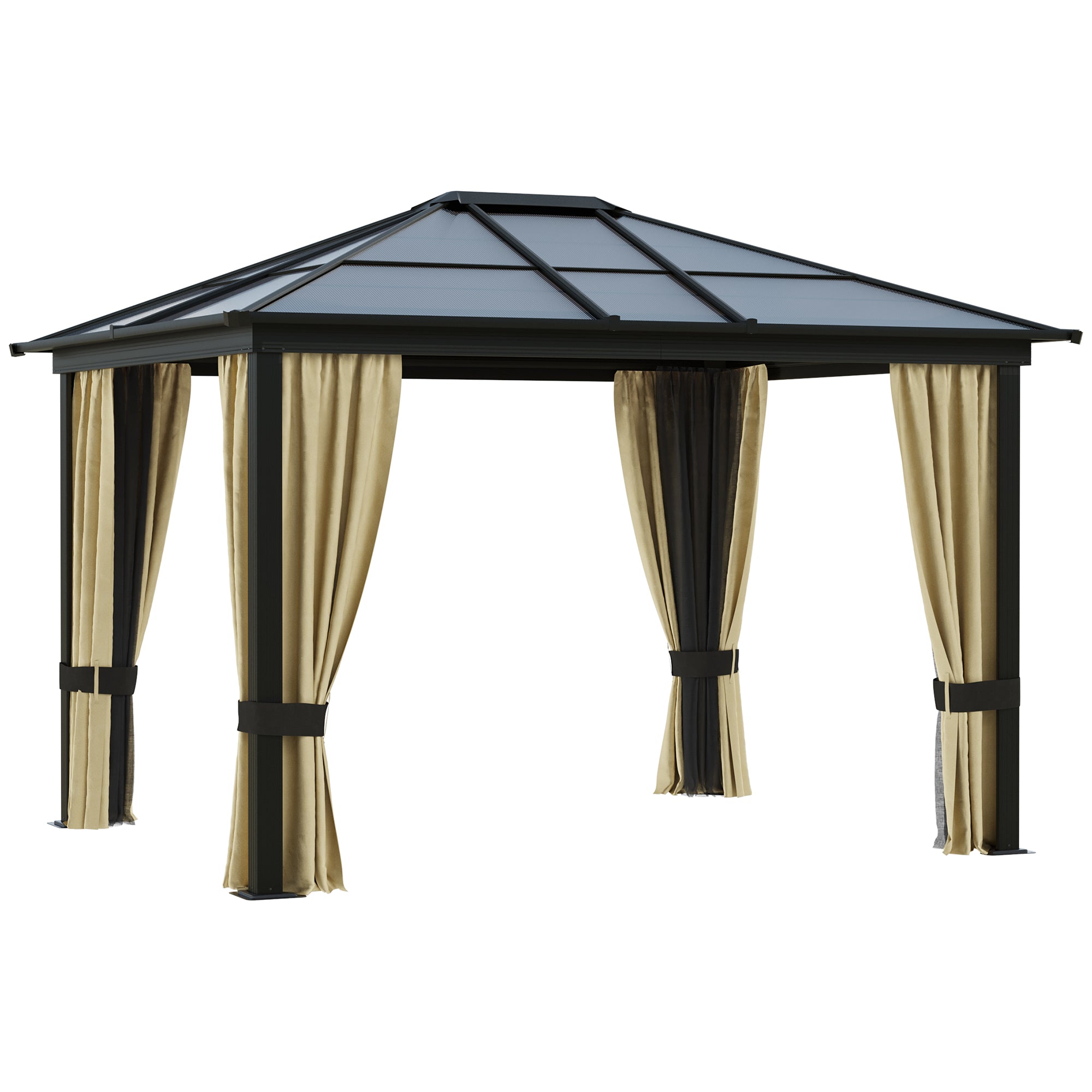 10 x 12 Hardtop Gazebo Canopy with Polycarbonate Roof, Aluminum Frame, Permanent Pavilion Outdoor Gazebo with Netting, for Patio, Garden, Backyard, Deck, Lawn, Black, Beige