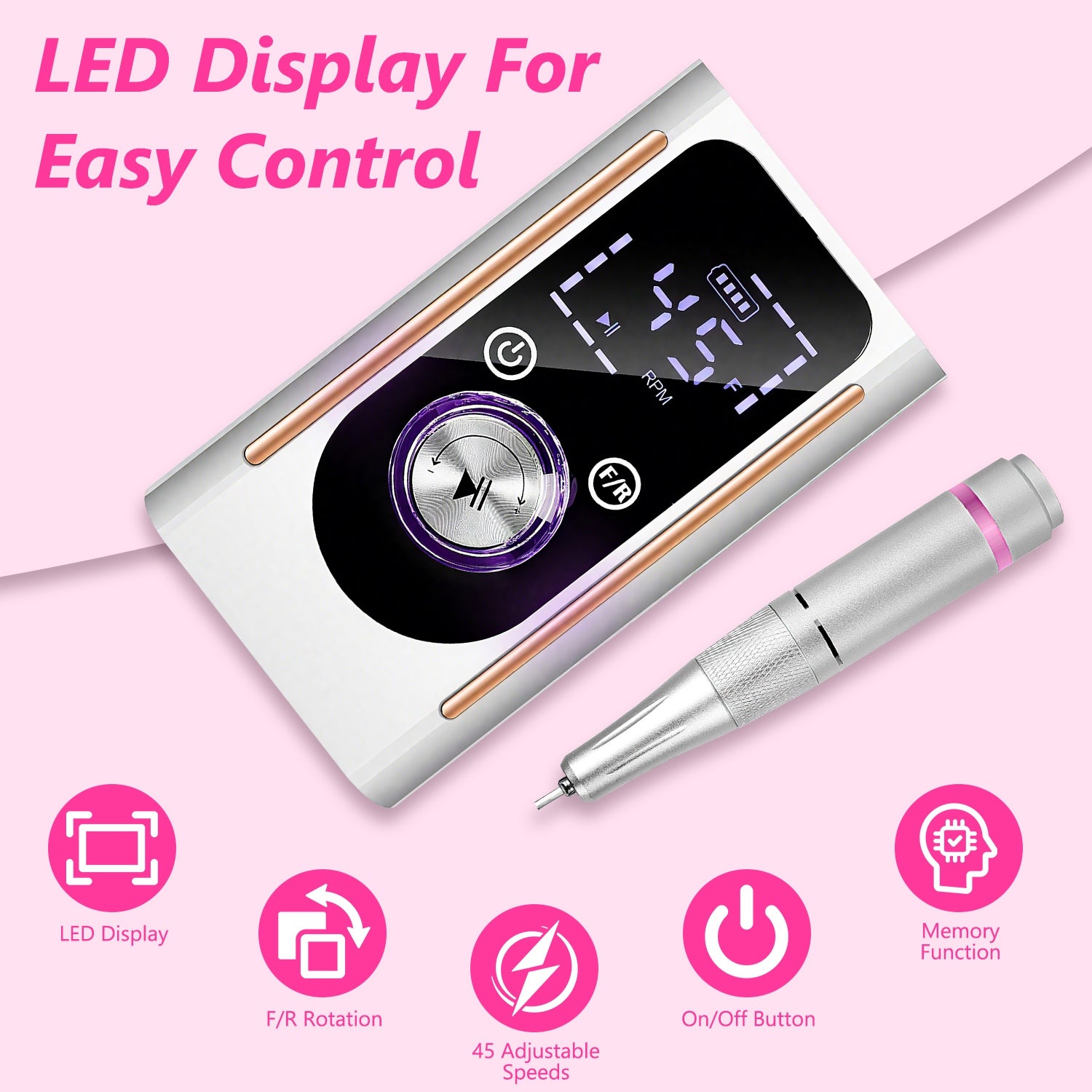 1 Set  Portable Electric Nail Drill Bit 45000 RPM With 11 Bits Base Waist Clip Cordless Rechargeable Nail File Machine For Professional Salon Home Acrylic Nails Remove Nail Gel Polish Manicure