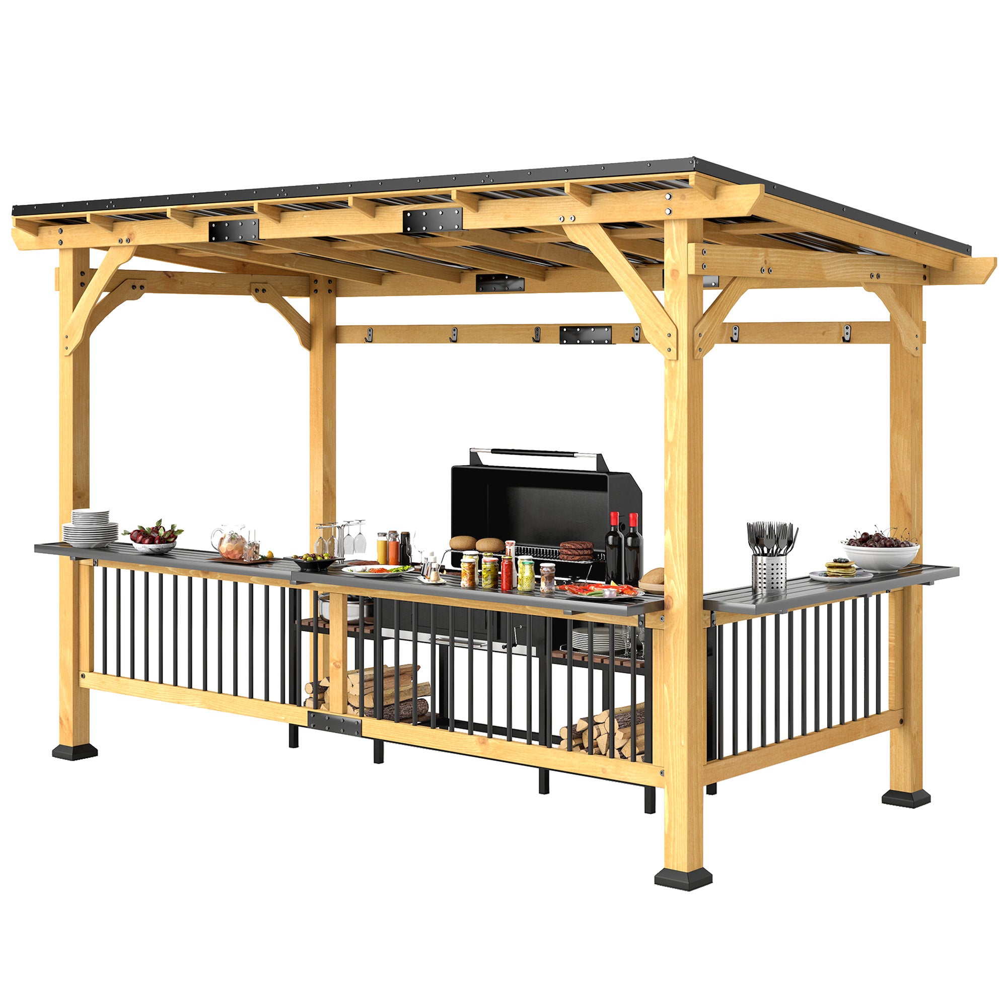 13 x 6 Wooden BBQ Grill Gazebo, Outdoor Hardtop Grill Gazebo with Metal Roof, 2 Bar Shelves and 6 Hooks, Natural