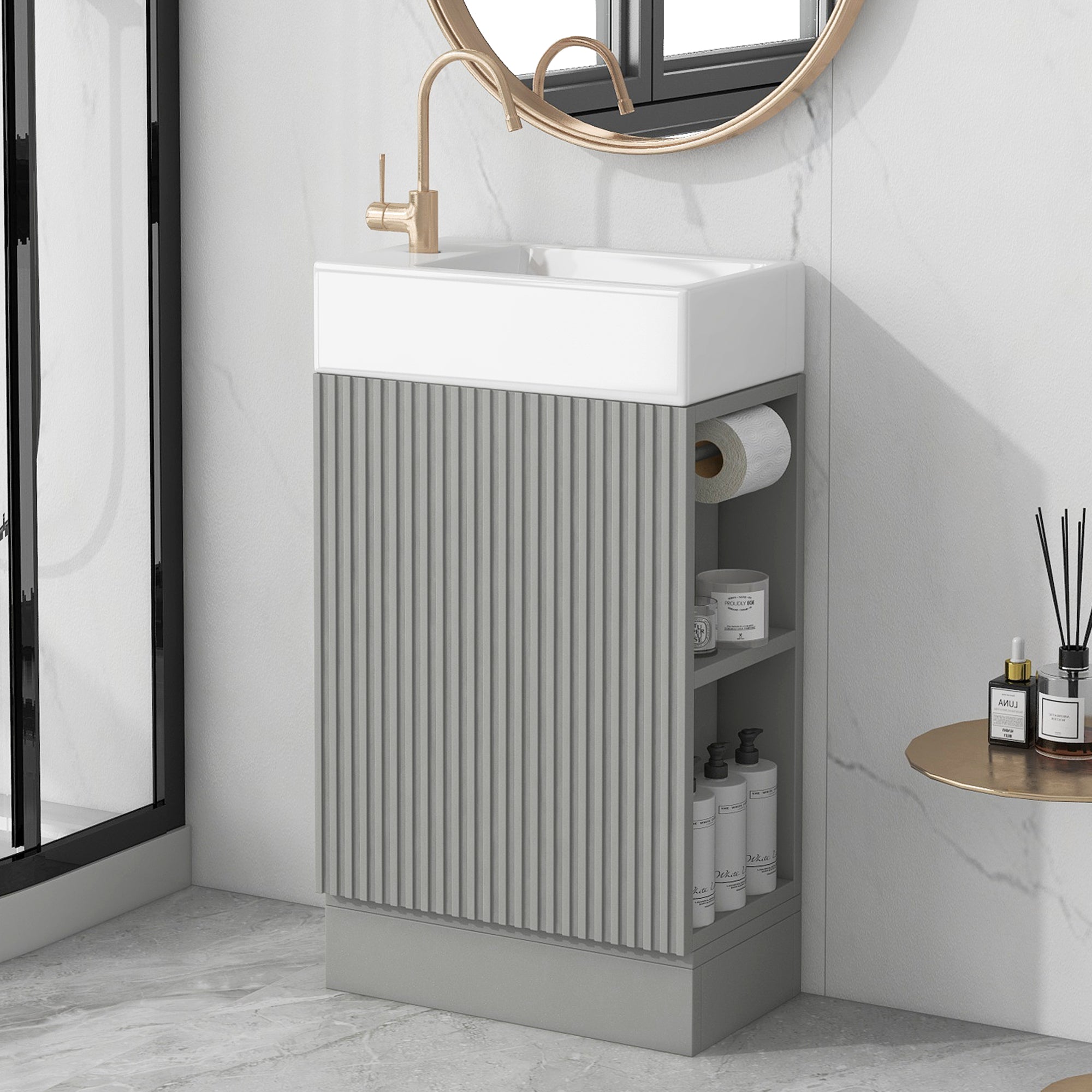 18.6 Bathroom Vanity With Sink, Bathroom Vanity Cabinet With Two-tier Shelf, Left Or Right Orientation, Grey