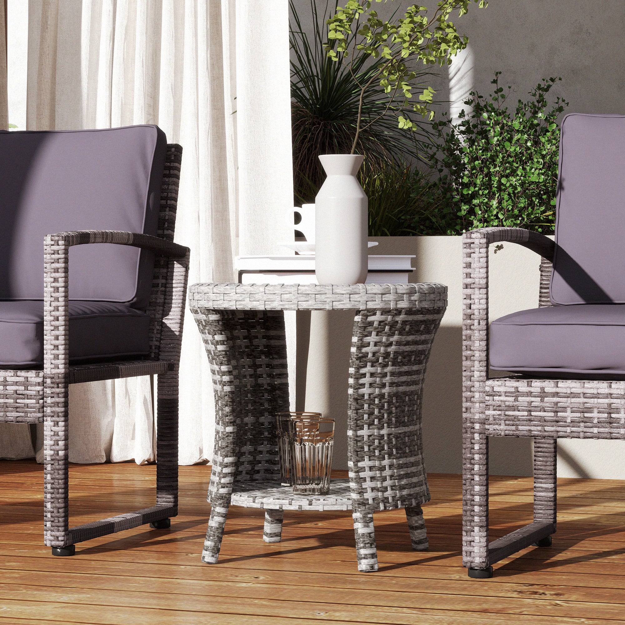 18" Wicker Outdoor Coffee Table, PE Rattan Patio Side Table with 2-Tier Storage, Composite Wood Top, Mixed Gray image 7