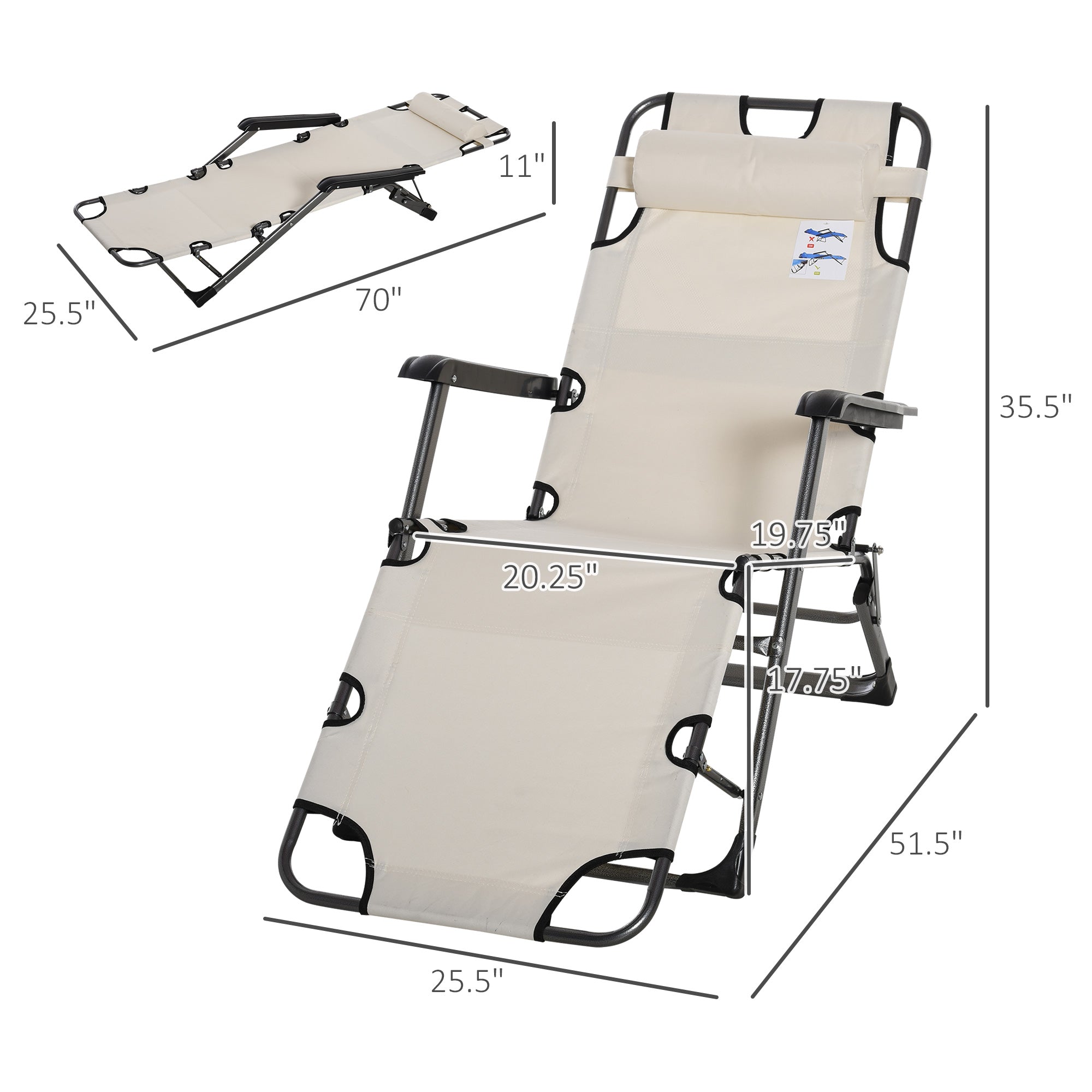 Folding Chaise Lounge Chair for Outside, 2-in-1 Tanning Chair with Pillow & Pocket, Adjustable Pool Chair for Beach, Patio, Lawn, Deck, Cream White image 3
