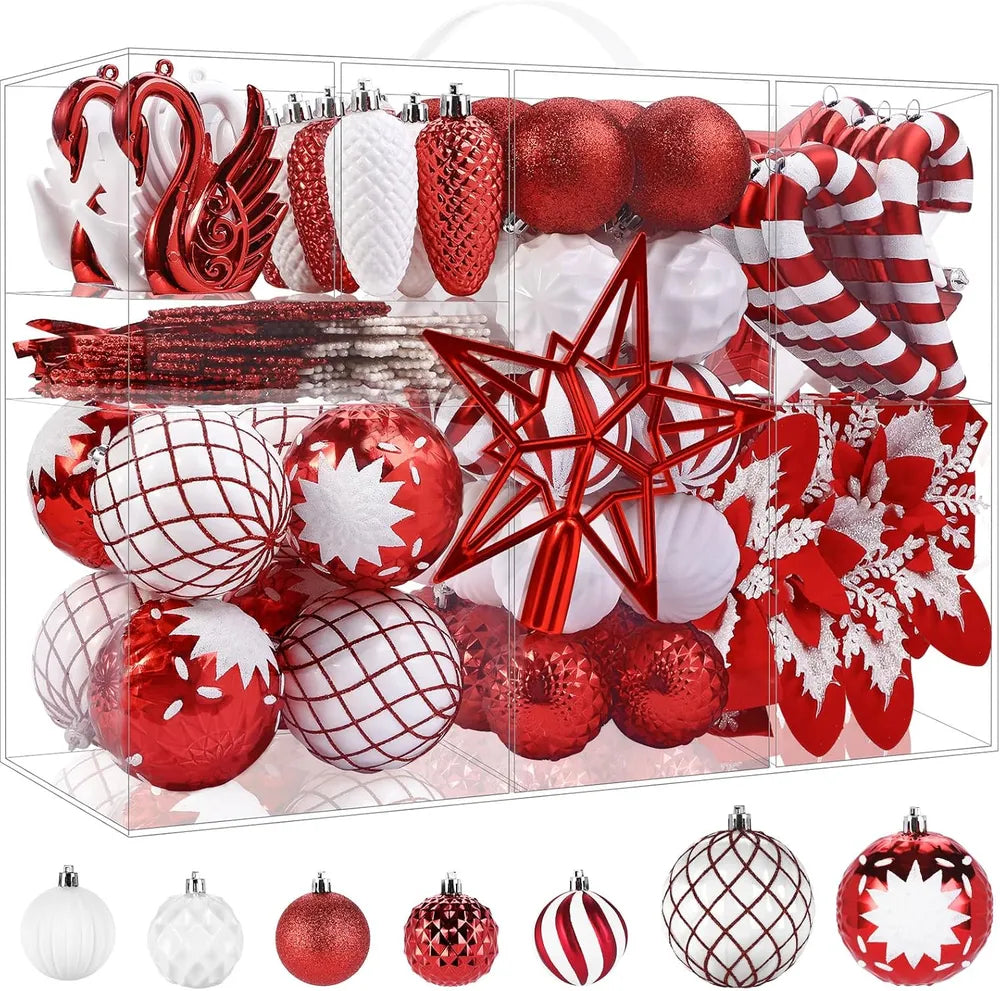 128pcs Christmas Balls Ornaments Set, Shatterproof Plastic Baubles Christmas Flowers, Ribbon Tree Topper For Xmas Tree Holiday Wedding Party Decorations With Hanging Strings, White And Silver