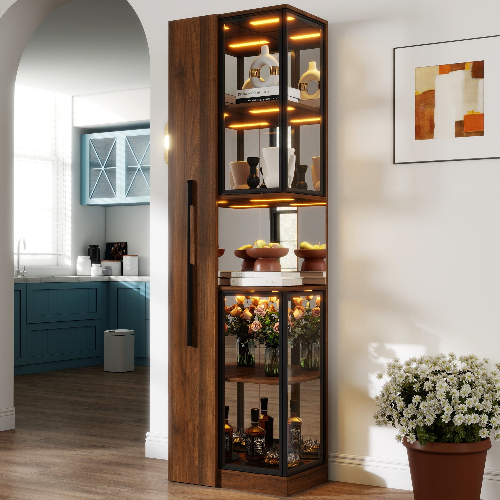 70 Display Cabinet With Glass Doors And Lights, With Multi-functional Pull-out Multi-tier Storage Shelf , Wooden Display Storage Cabinets
