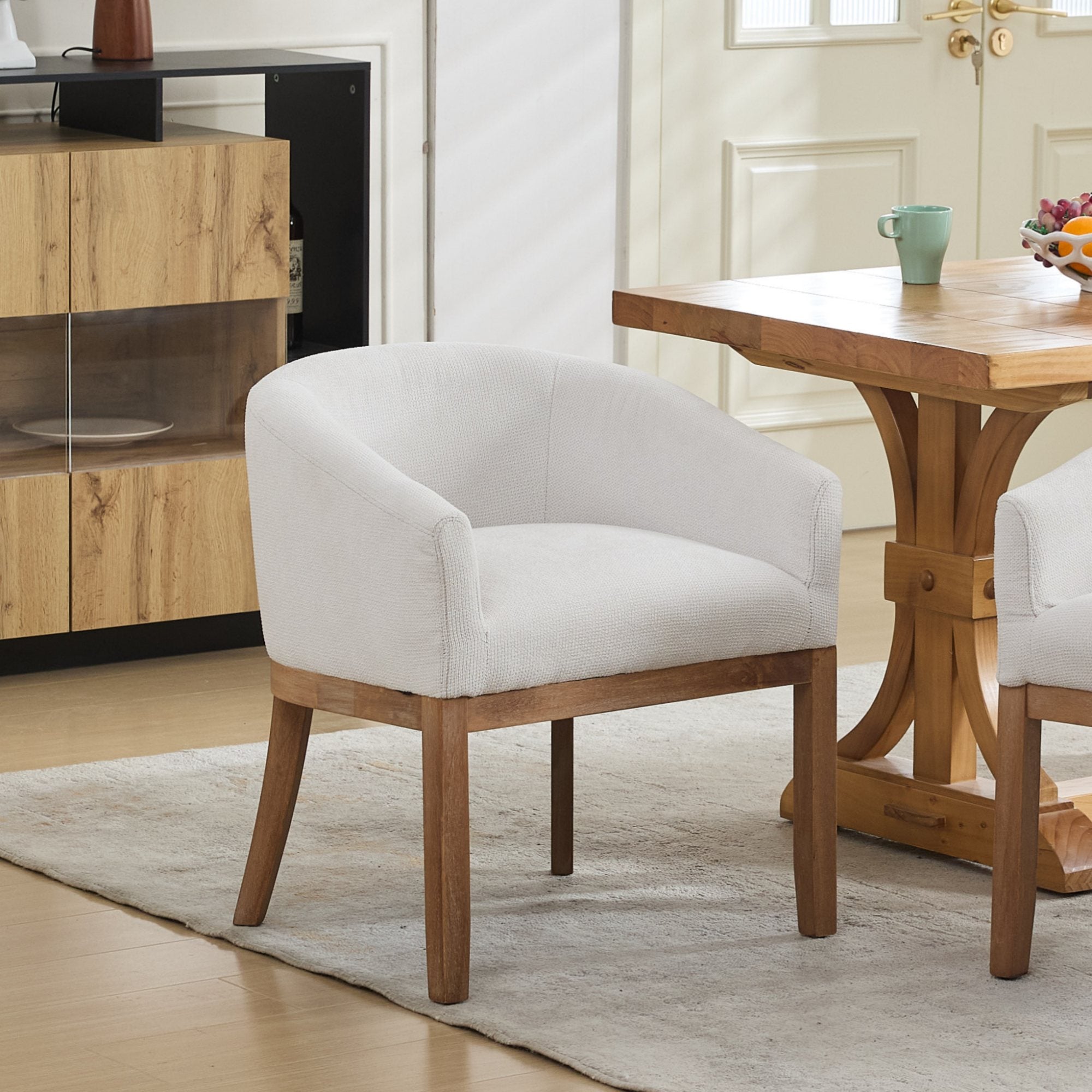 Mid Century Modern Upholstered Barrel Dining Chairs With Arms,Farmhouse Linen Kitchen & Dining Room Chairs With Natural Hardwood Frame, 19 W Accent Chairs For Living Room,Single Pack,Beige,SW1891BG