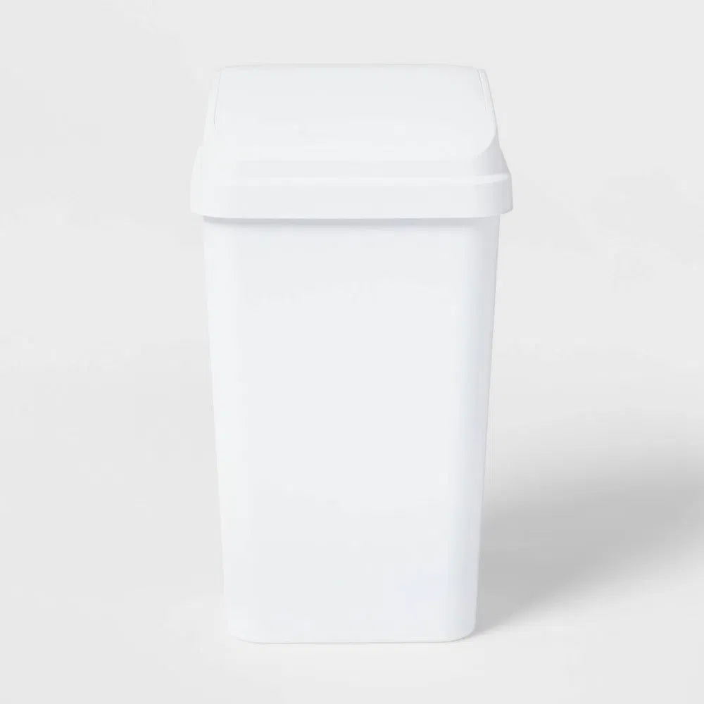 13 Gallon Swing Top Waste Basket, White Textured Plastic Kitchen Trash Can, Indoor Use