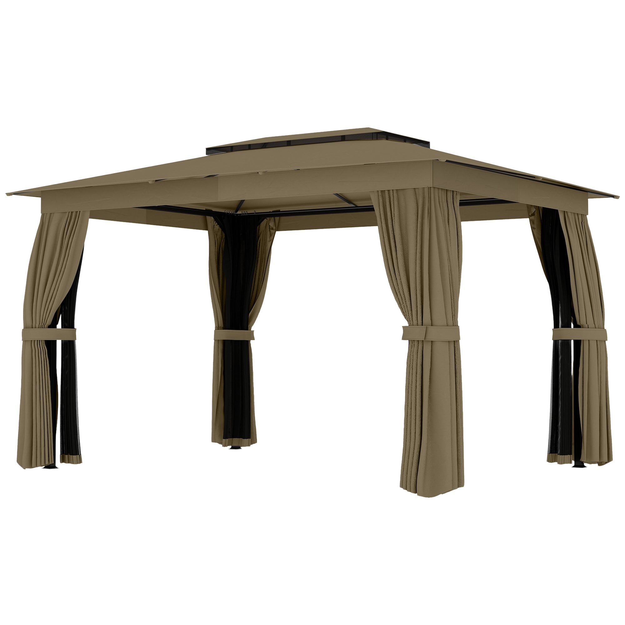 10 x 12 Outdoor Patio Gazebo, Soft Top Gazebo Canopy Shelter with Curtains, Netting, Steel Frame, Hooks, Khaki