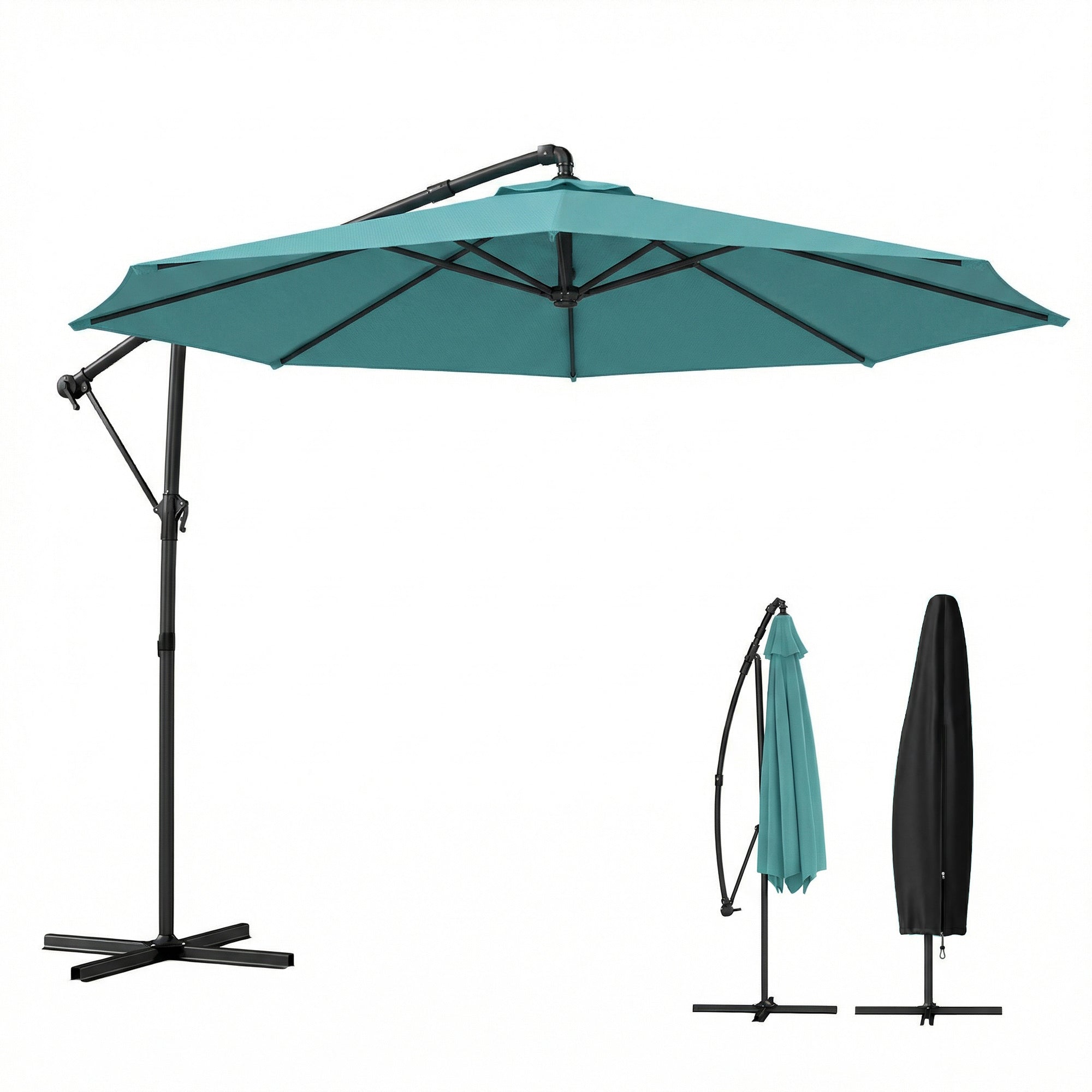 10 ft Offset Patio Umbrella with Cover, Hanging Cantilever Umbrella with 360° Rotation, Crank Handle, Tilt, Sky Blue
