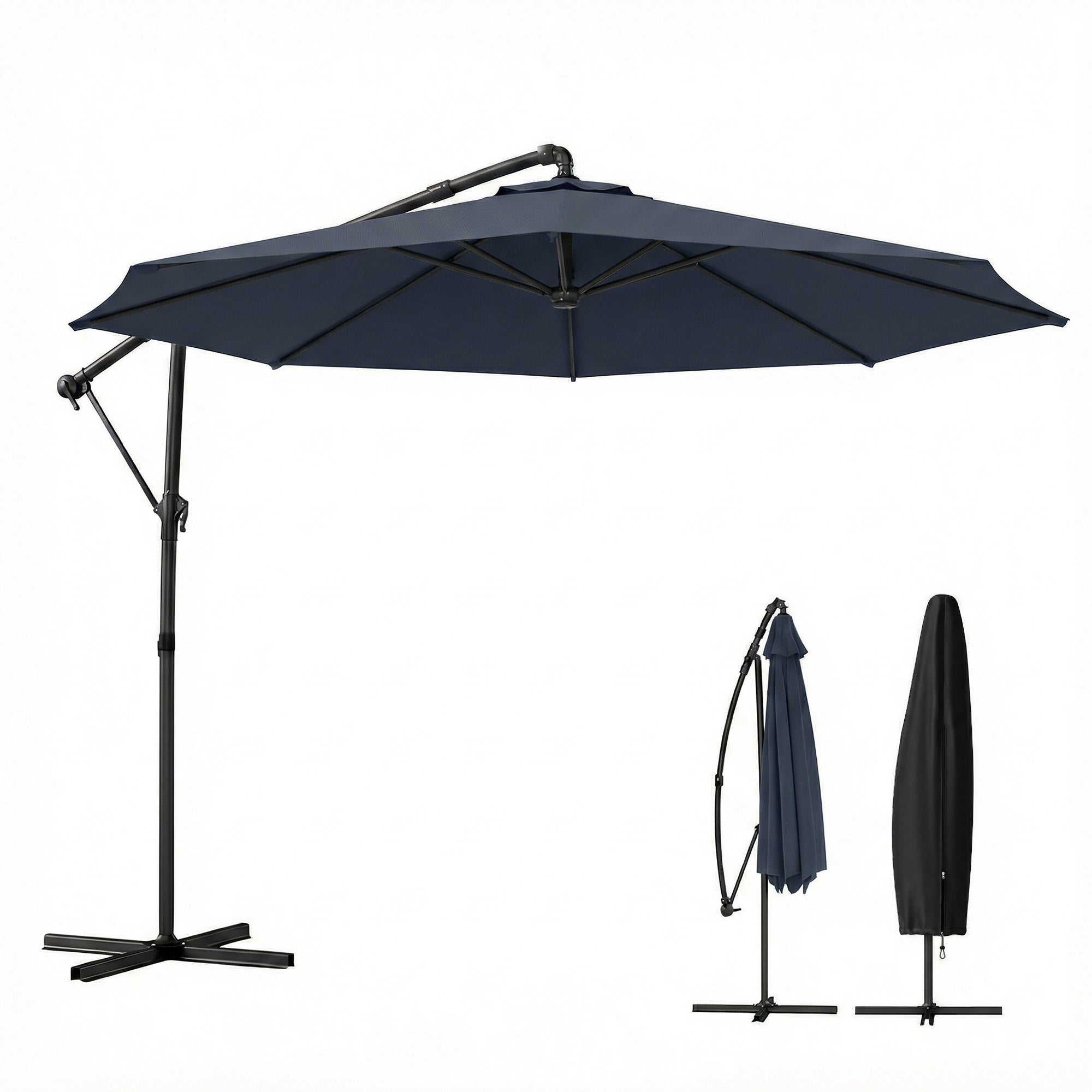 10 ft Offset Patio Umbrella with Cover, Hanging Cantilever Umbrella with 360° Rotation, Crank Handle, Tilt, Navy Blue