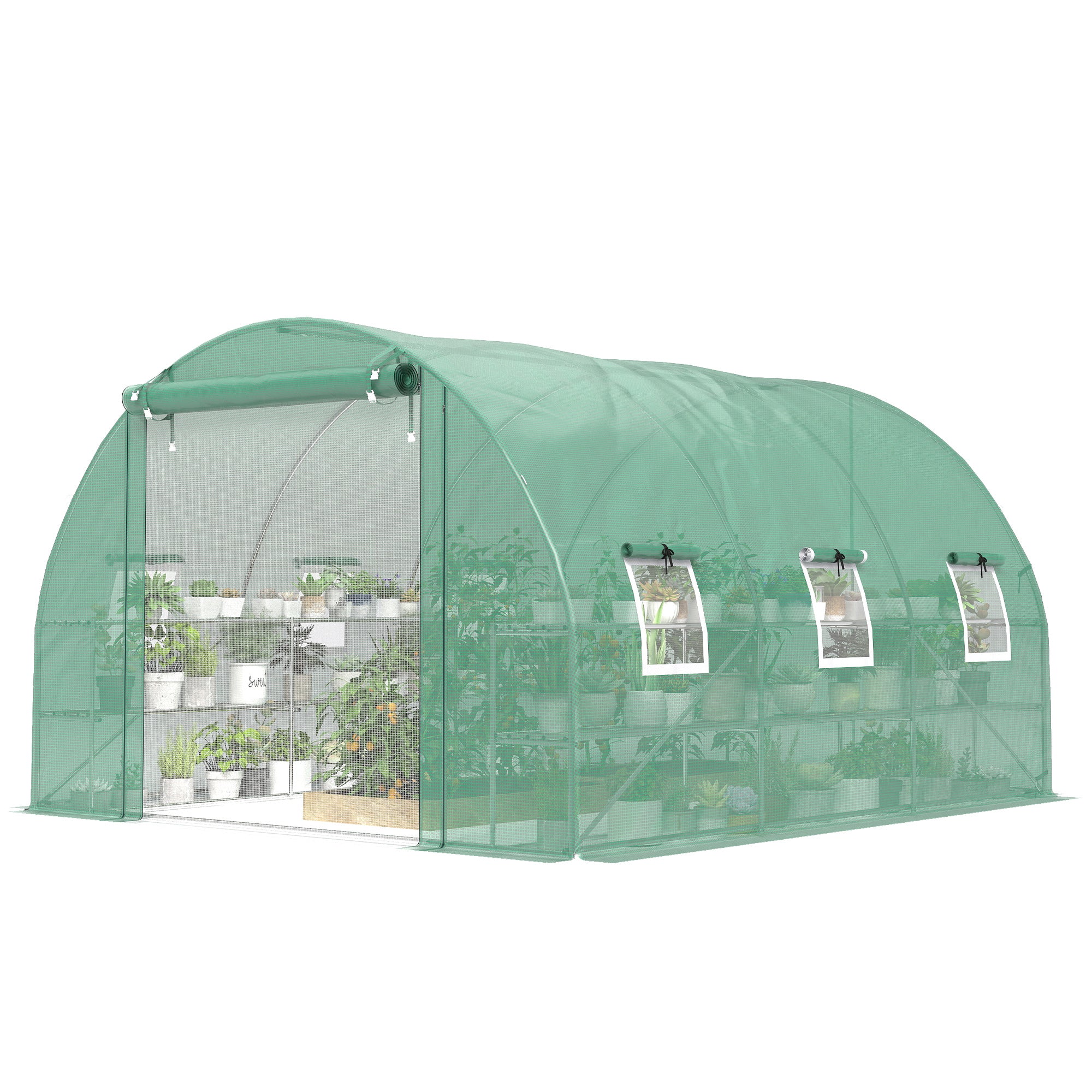 10x11x6 Walk-in Tunnel Greenhouse with Shelves, Mesh Door and Windows, Hoop House Greenhouse with PE Cover, Green