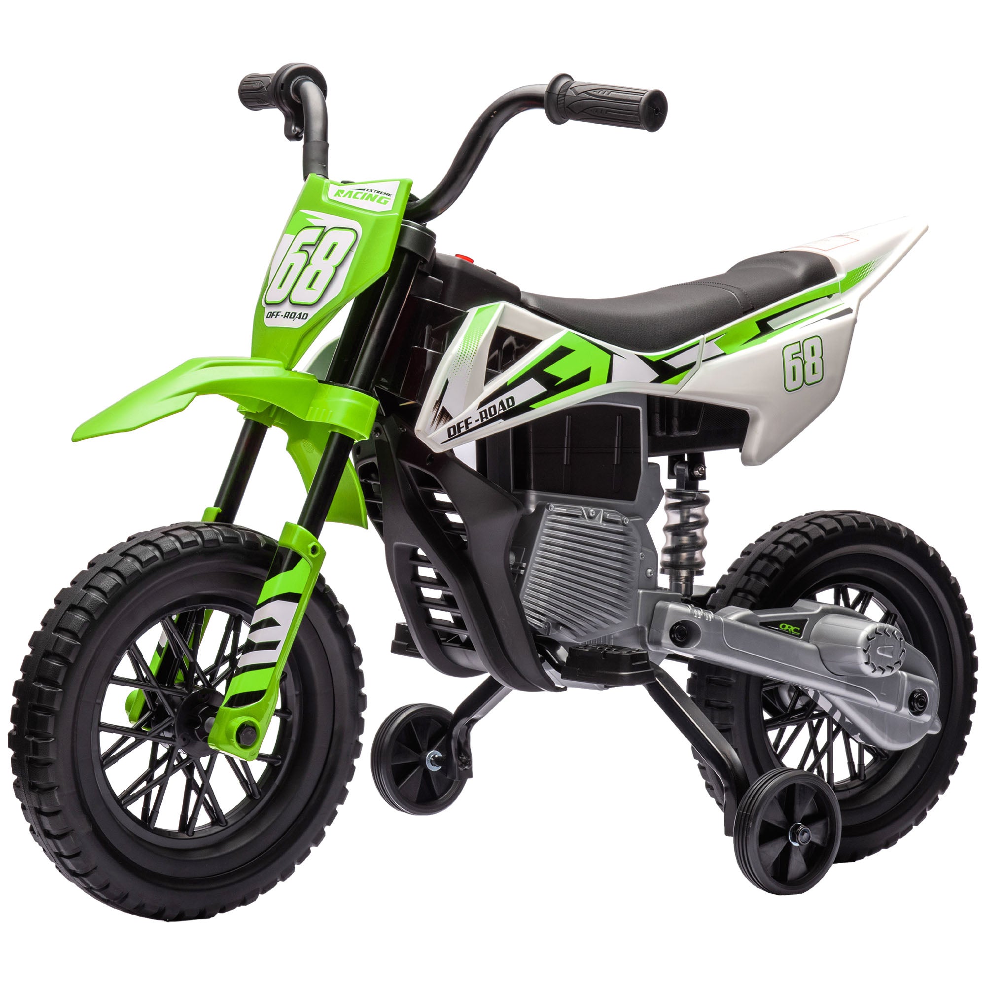12V Kids Electric Motorcycle w/ Twist Grip Throttle, Training Wheels, Rear Suspension & Music, Green