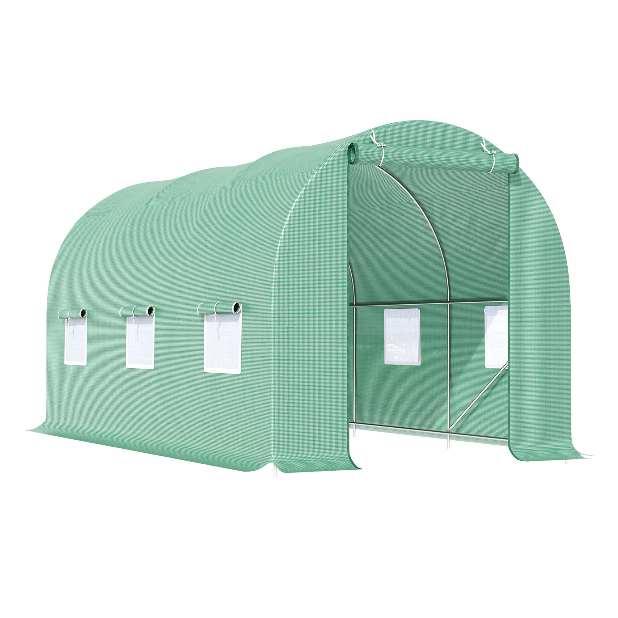 15 x 7 x 7 Walk-in Tunnel Hoop Greenhouse, Green House for Outside with PE Cover, Steel Frame, Roll-Up Zipper Door & Windows for Flowers, Vegetables, Tropical Plants, Green