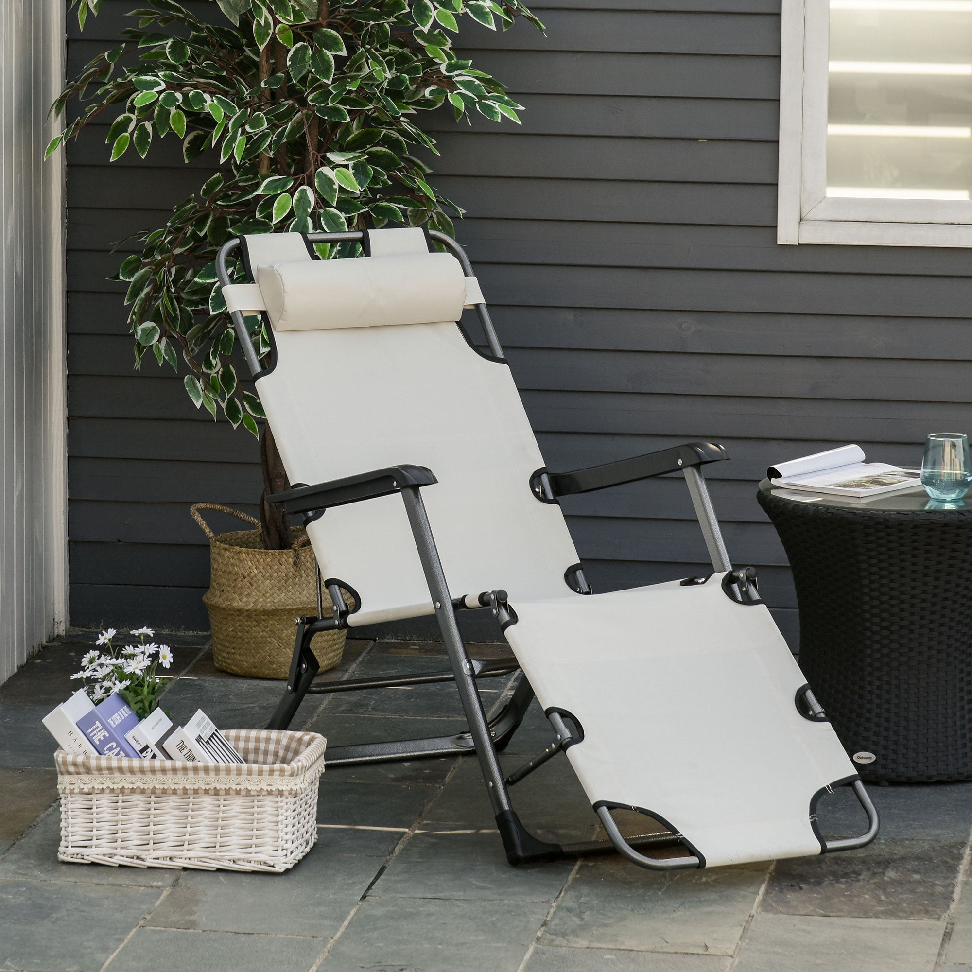Folding Chaise Lounge Chair for Outside, 2-in-1 Tanning Chair with Pillow & Pocket, Adjustable Pool Chair for Beach, Patio, Lawn, Deck, Cream White image 2