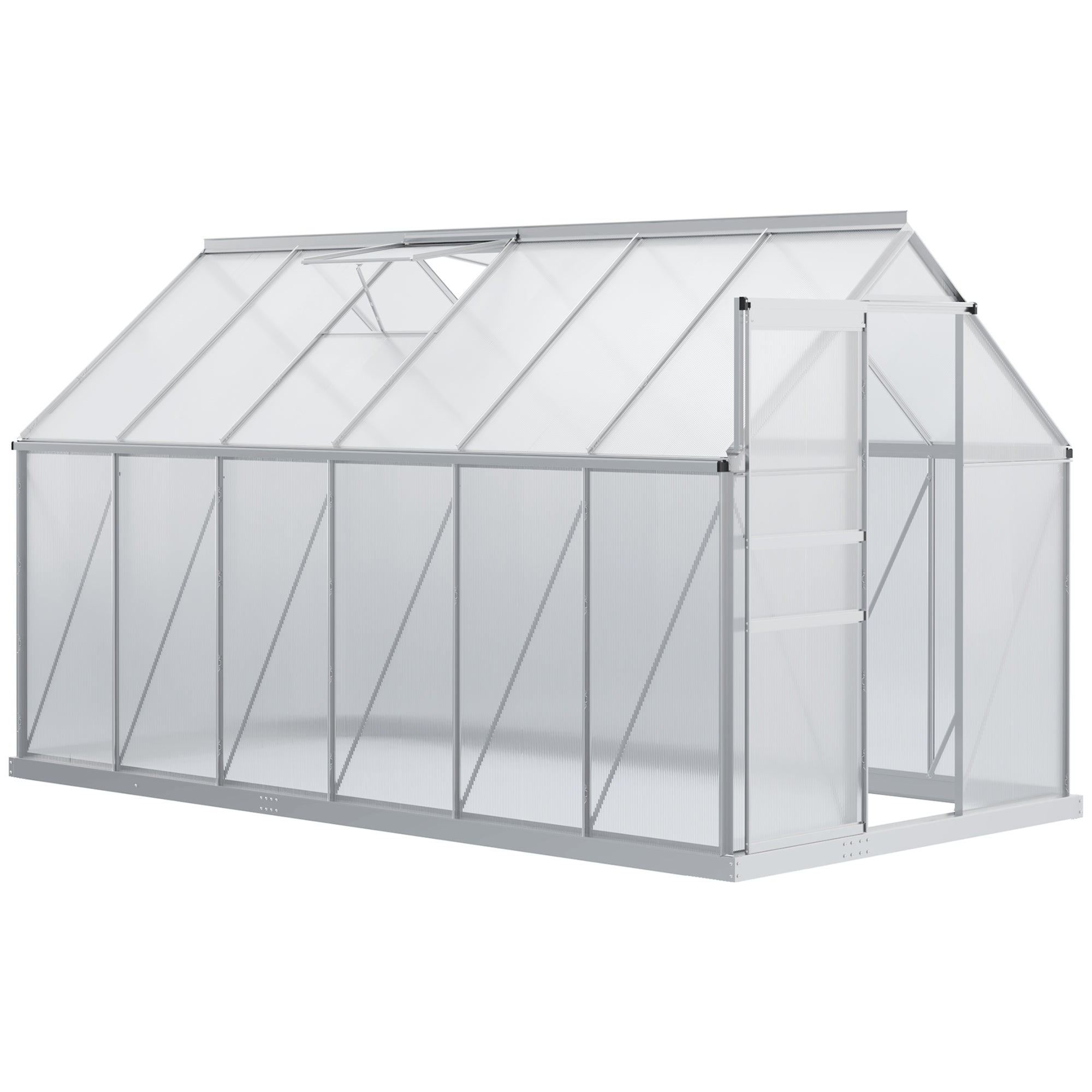 12 x 6 x 6.5 Polycarbonate Greenhouse with Aluminum Frame, Walk-in Heavy Duty Green House with Adjustable Roof Vent, Rain Gutter and Sliding Door for Winter, Silver