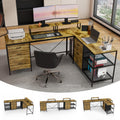 114 Inch L-Shaped Desk With Power Outlets & USB-C, Industrial Computer Desk With 6 Fabric Drawers, 3 Open Shelves & Movable Monitor Stands, Large Corner Office Desk For Gaming, Rustic Brown