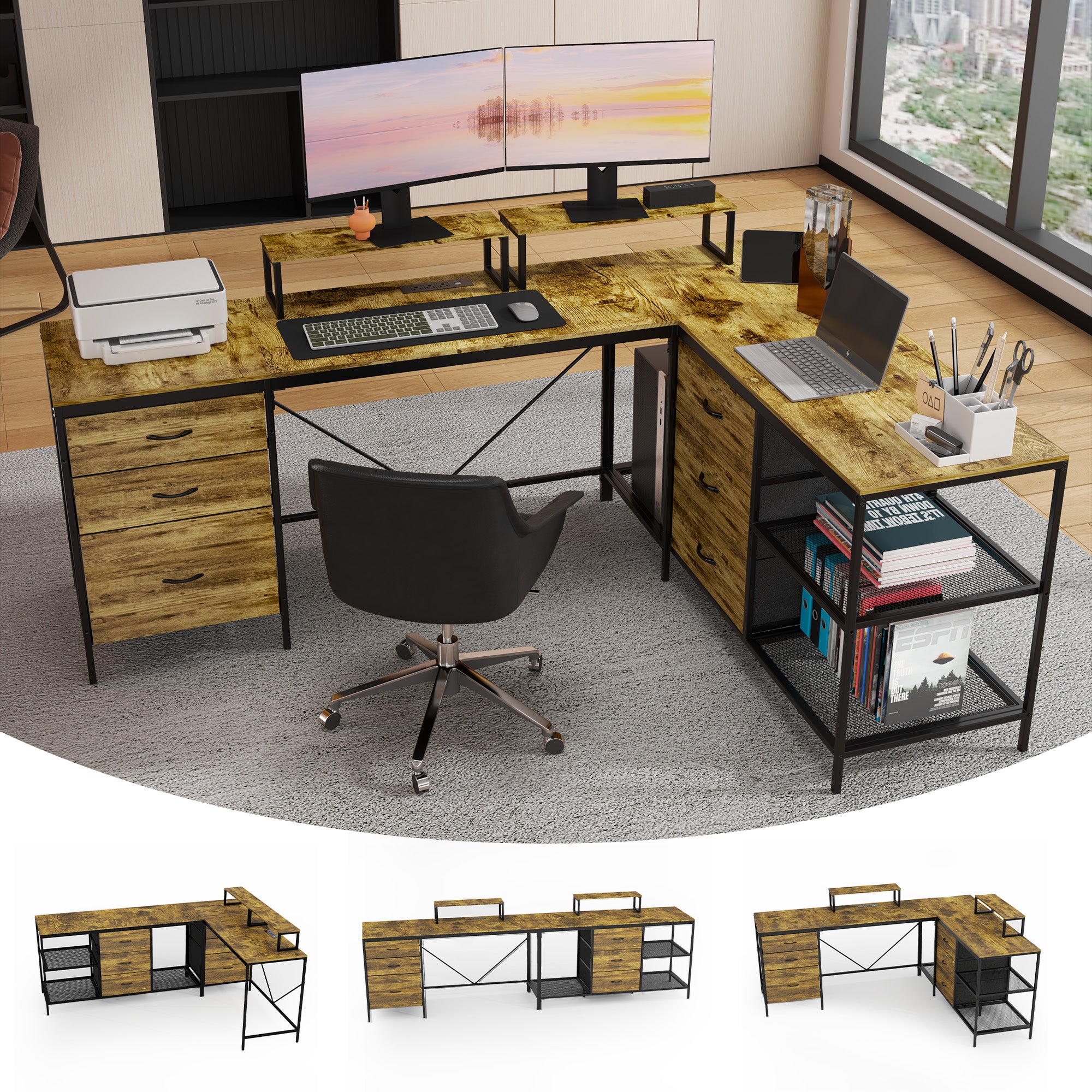 114 Inch L-Shaped Desk With Power Outlets & USB-C, Industrial Computer Desk With 6 Fabric Drawers, 3 Open Shelves & Movable Monitor Stands, Large Corner Office Desk For Gaming, Rustic Brown