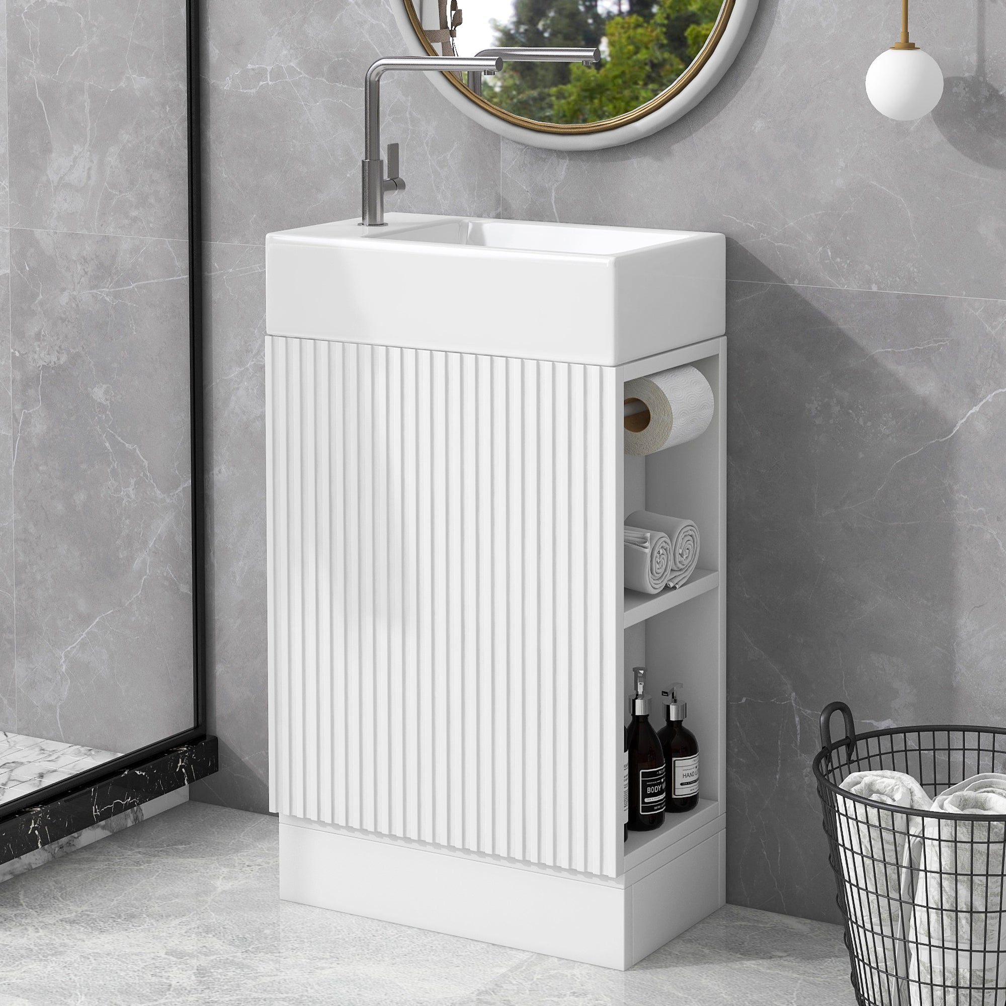 18.6 Bathroom Vanity With Sink, Bathroom Vanity Cabinet With Two-tier Shelf, Left Or Right Orientation, White