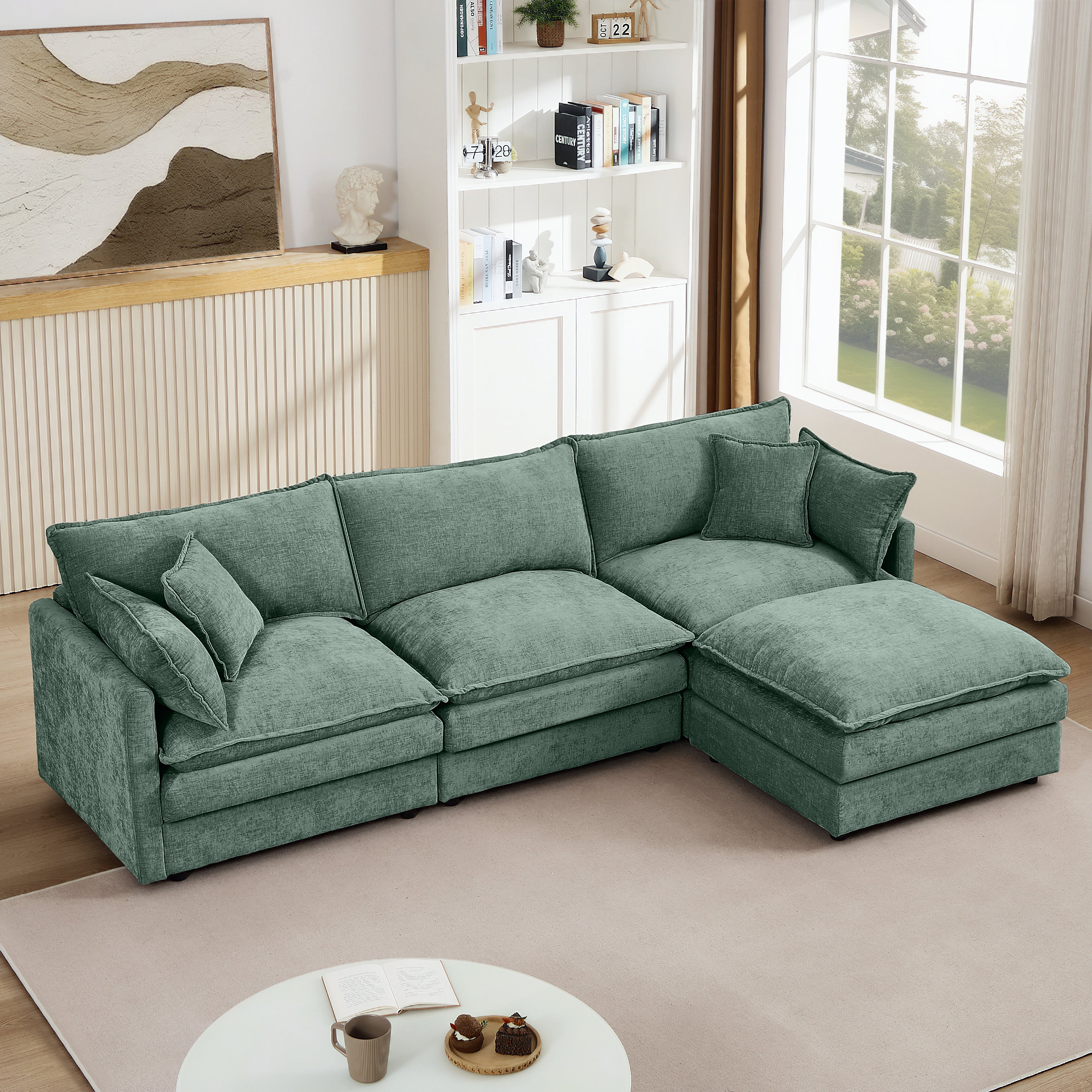 Modular Sectional Sofa, 102 Inch L Shaped Couch Set For Living Room, 3-Seater Comfy Cloud Couches With Movable Ottoman, DIY Combination, Chenille, Mint Green
