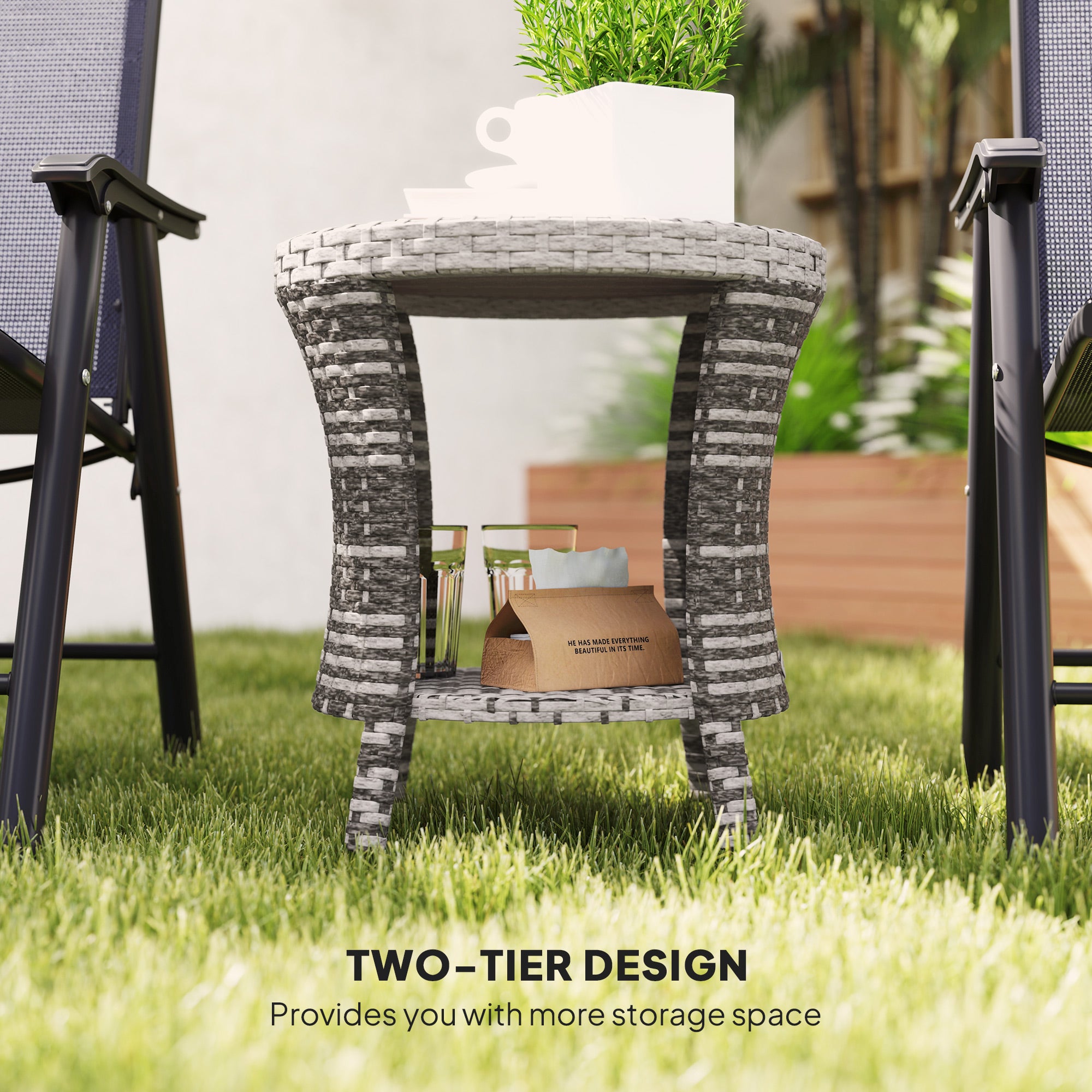 18" Wicker Outdoor Coffee Table, PE Rattan Patio Side Table with 2-Tier Storage, Composite Wood Top, Mixed Gray image 5