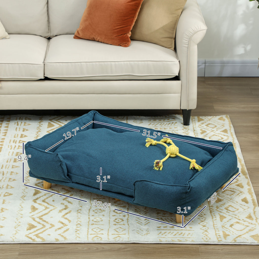 Raised Dog Couch with Comfortable Cushion, Pine Wood Legs, Foot Pads for Large-Sized Dogs Indoor Use, Dark Blue image 3