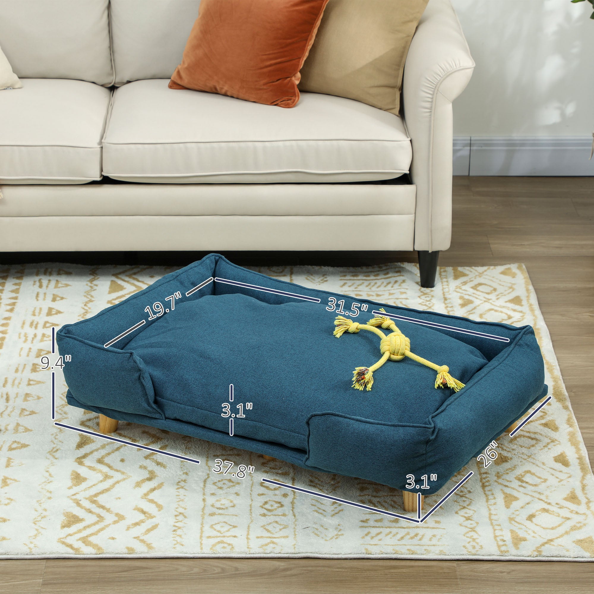 Raised Dog Couch with Comfortable Cushion, Pine Wood Legs, Foot Pads for Large-Sized Dogs Indoor Use, Dark Blue image 3