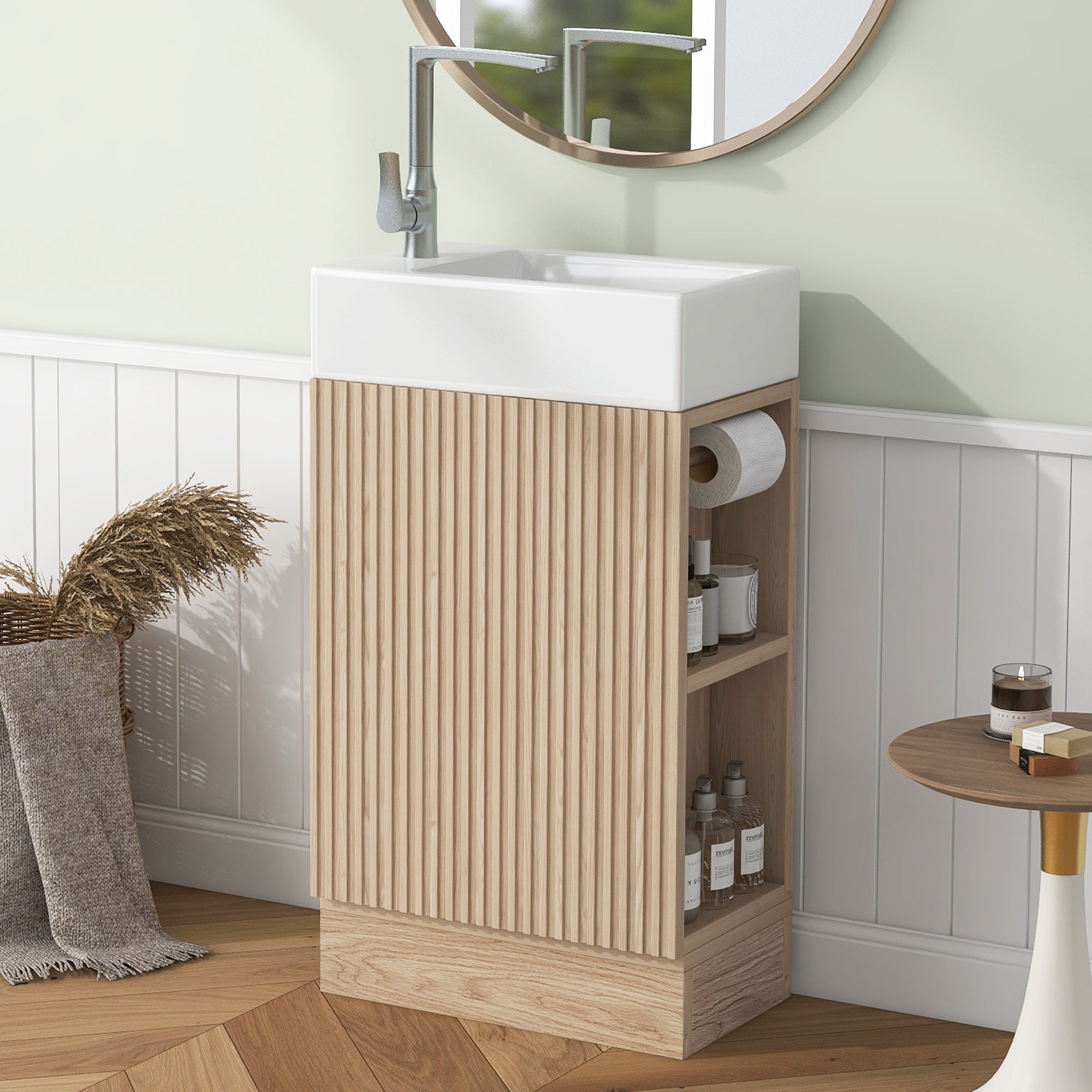 18.6 Bathroom Vanity With Sink, Bathroom Vanity Cabinet With Two-tier Shelf, Left Or Right Orientation, Natural
