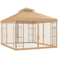10 x 12 Patio Gazebo with Corner Frame Shelves, Double Roof Outdoor Gazebo Canopy Shelter with Netting, Brown