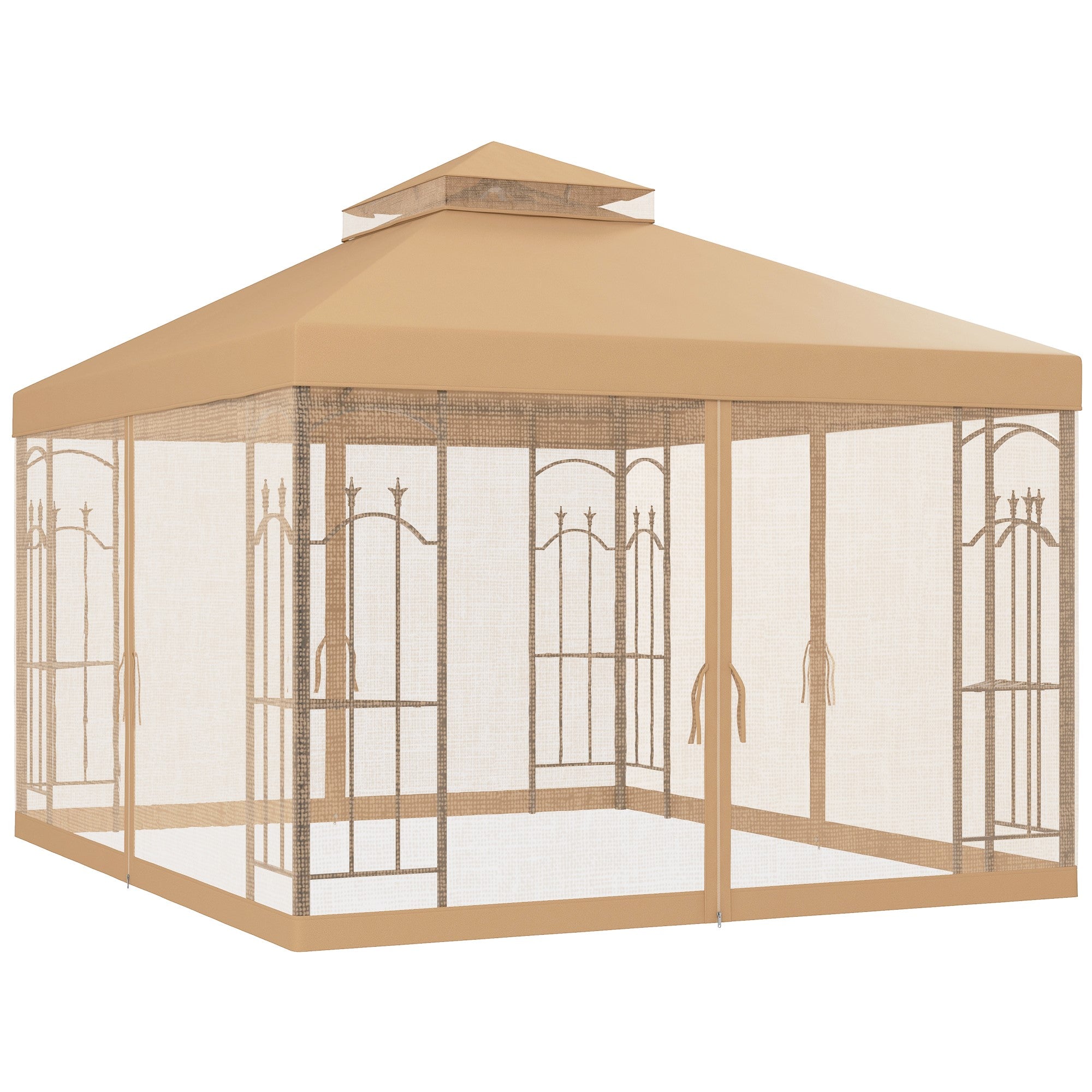 10 x 12 Patio Gazebo with Corner Frame Shelves, Double Roof Outdoor Gazebo Canopy Shelter with Netting, Brown