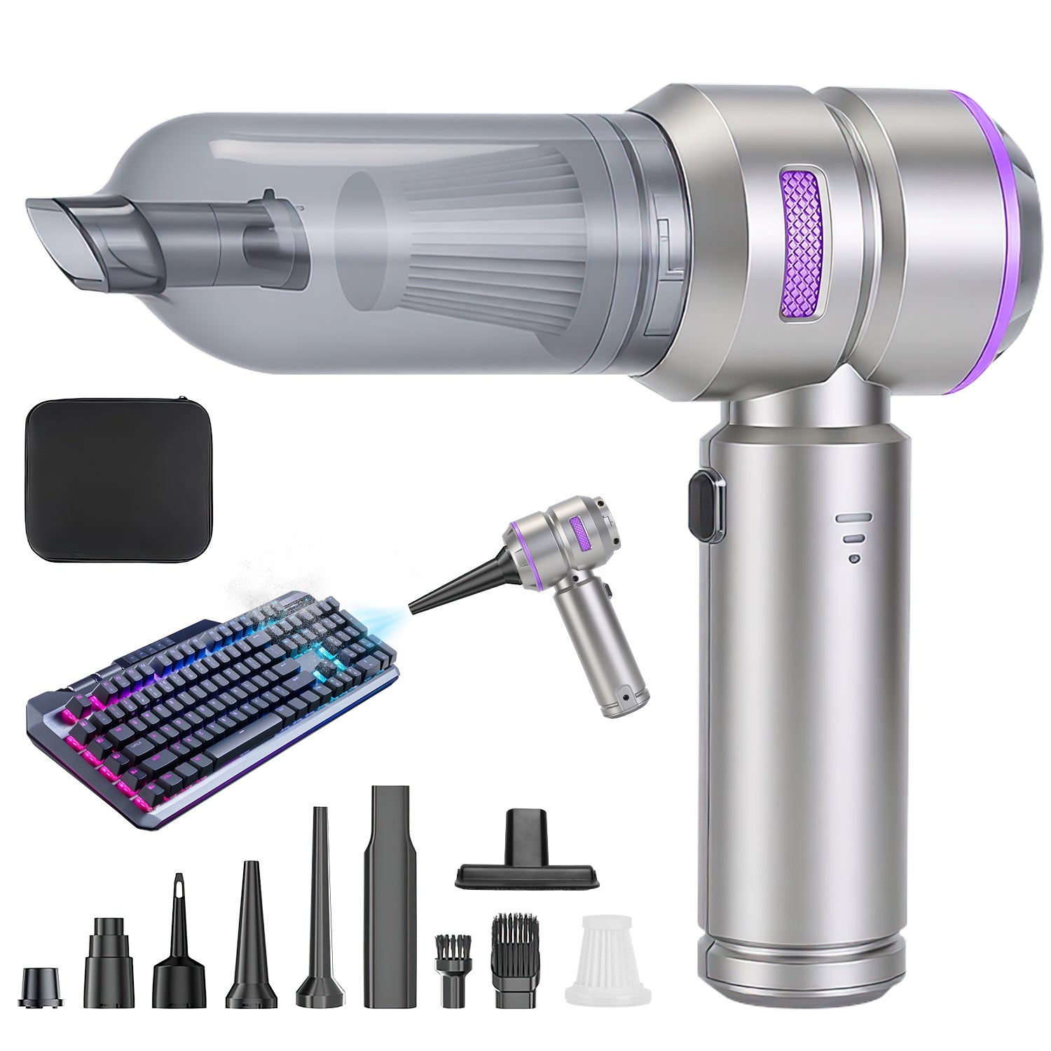 16000PA Handheld Car Vacuum Cleaner With Brushless Motor 2 Reusable Filters 4 In 1 Portable Cordless Compressed Air Duster & Blower For Car Office Home Camp