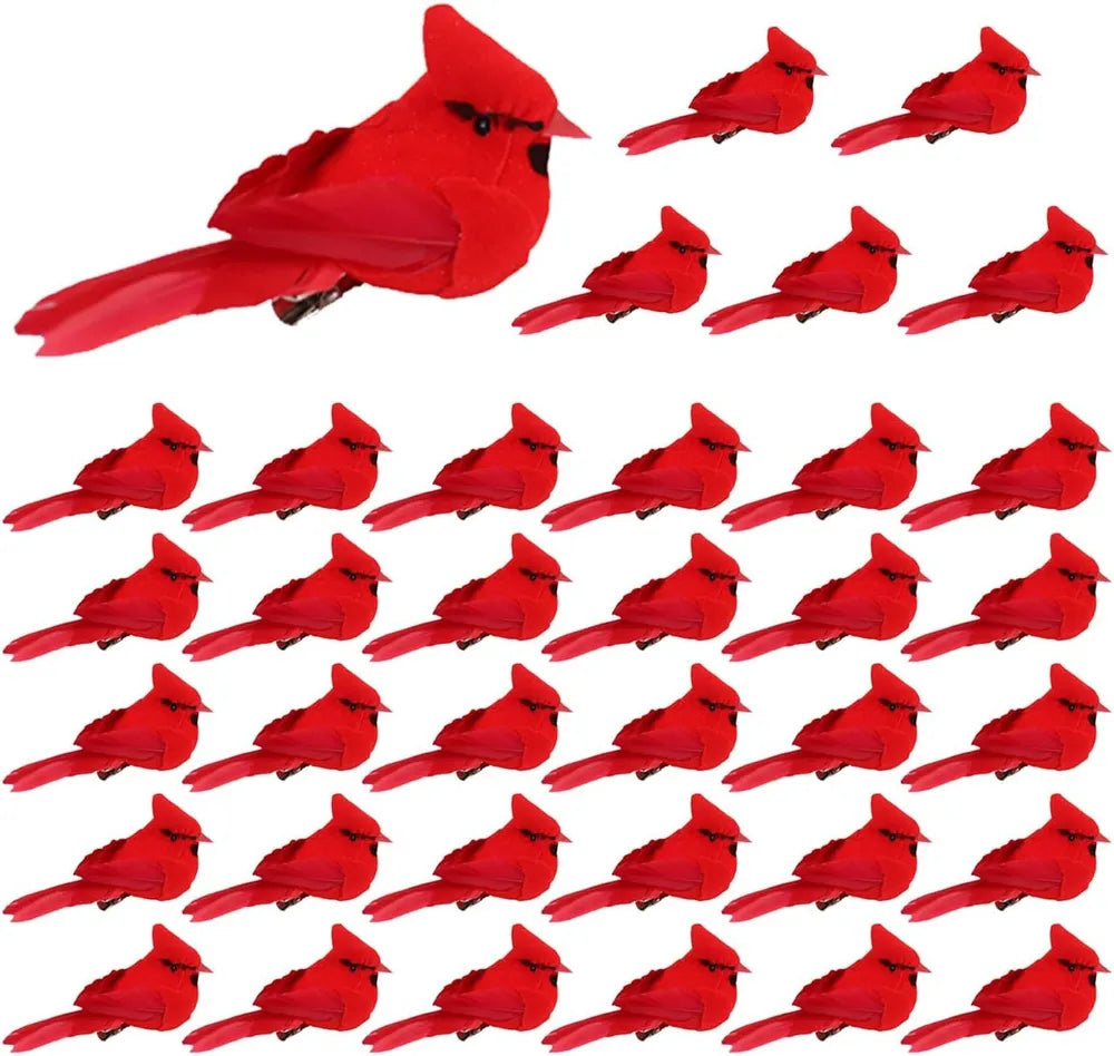 12 Pcs Cardinal Birds For Crafts, Mini Cardinal Clip On Christmas Tree Ornaments Artificial Red Birds Decorations For Wreaths Centerpieces DIY Crafts, Red Velvet & Feathers