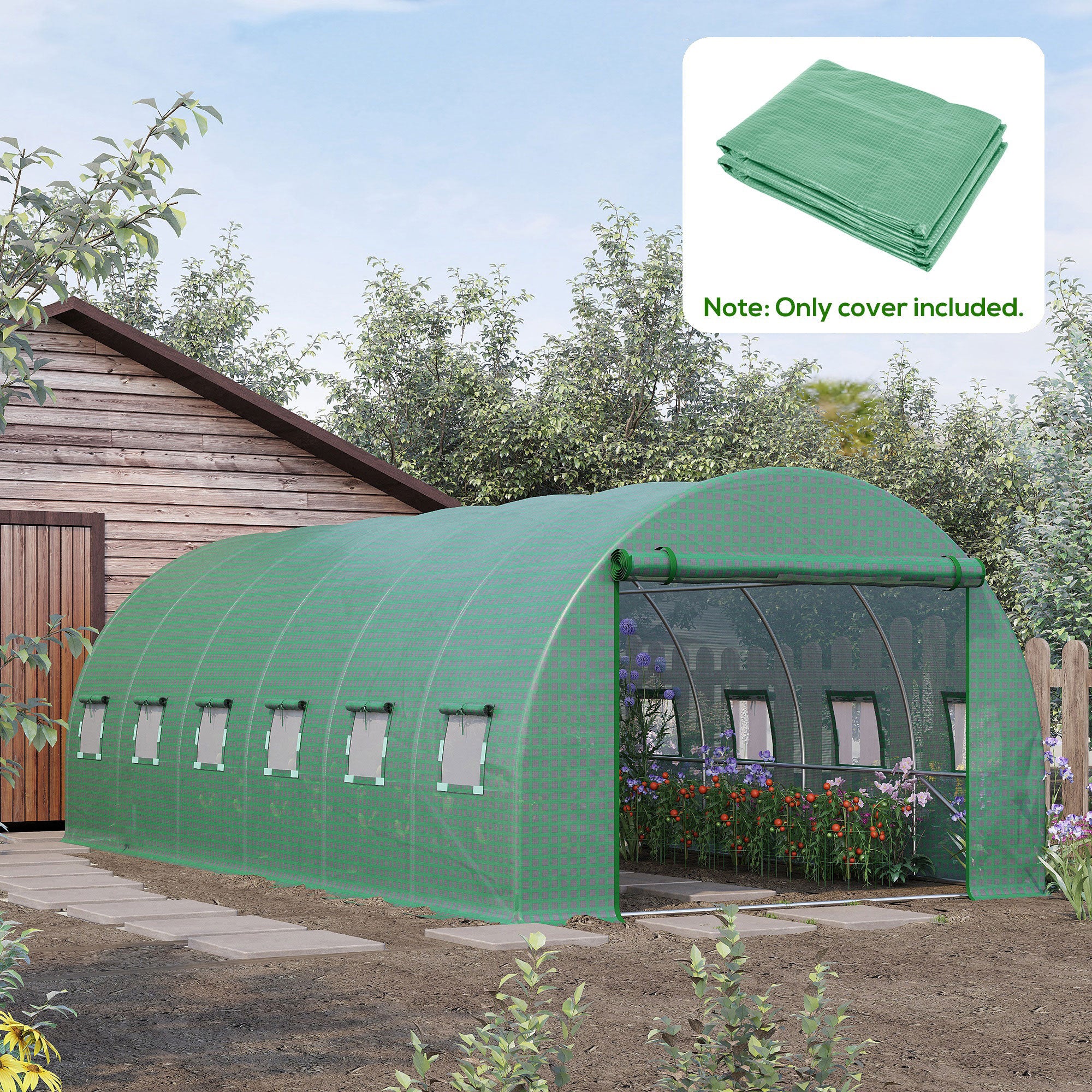 19.7 x 9.8 x 6.6 Plastic Greenhouse Cover Replacement, Heavy Duty Waterproof Tarp for Hoop House, Sheeting with 12 Windows, Door & Reinforcement Grid, Green image 3