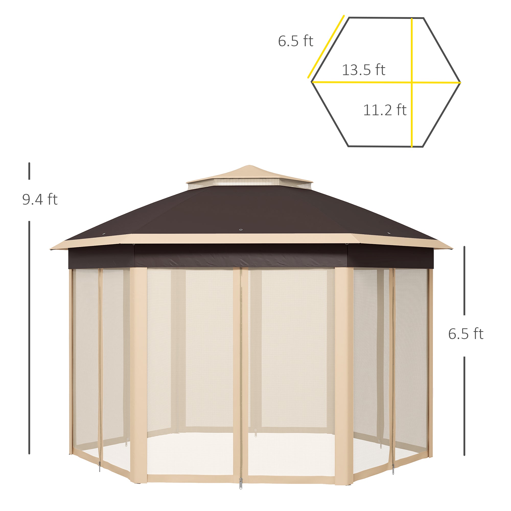 13' X 13' Pop Up Gazebo Hexagonal Canopy Shelter With 6 Zippered Mesh Netting For Patio, Backyard, Garden, Wedding, Party, Beige