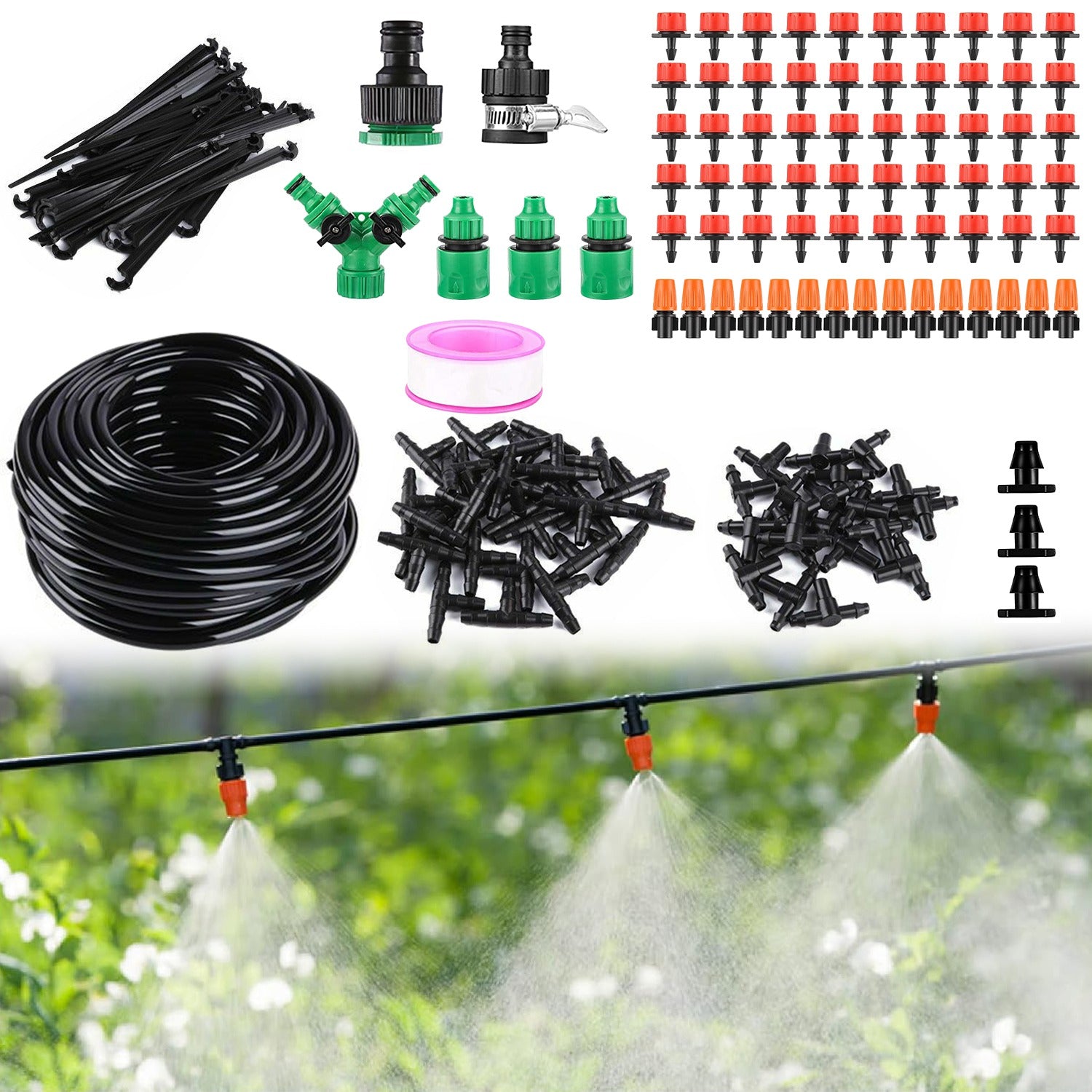 164FT Drip Irrigation Kit For Spring Summer Garden Automatic Garden Irrigation System Misting Plant Watering Drip Kit For Garden Greenhouse Flower Bed Patio Lawn
