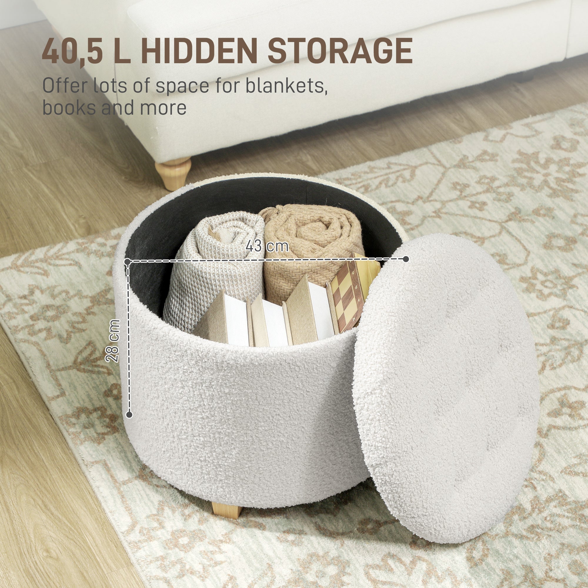 18" Round Ottoman with Storage, Teddy Fleece Button Tufted Foot Stool with Lid, Wood Legs for Living Room Hallway, White image 4