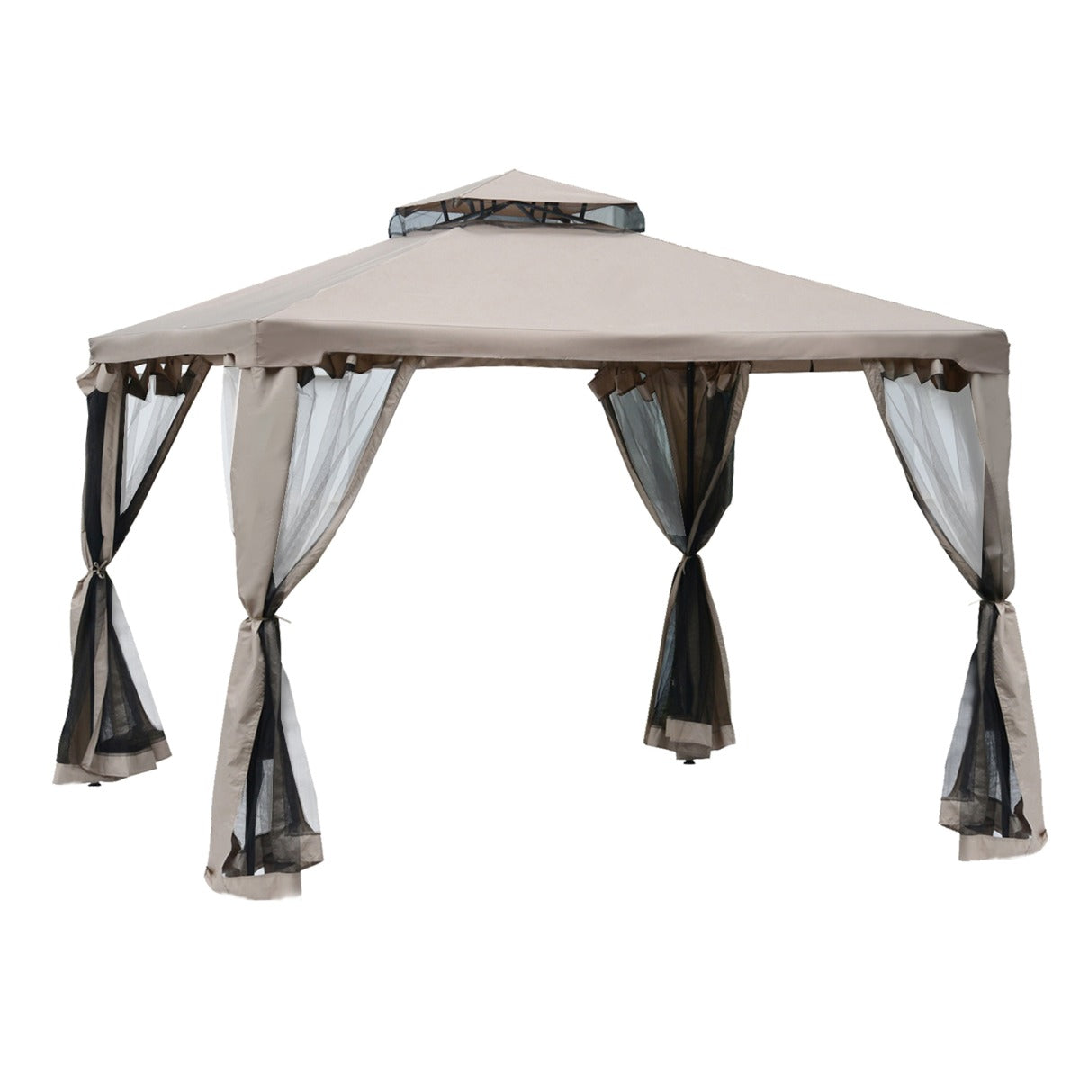 10 x 10 Gazebo Tent, Double Roof Outdoor Canopy Shelter, with Netting Fabric and Vented Roof, Steel Corner Frame for Garden, Lawn, Backyard, Taupe