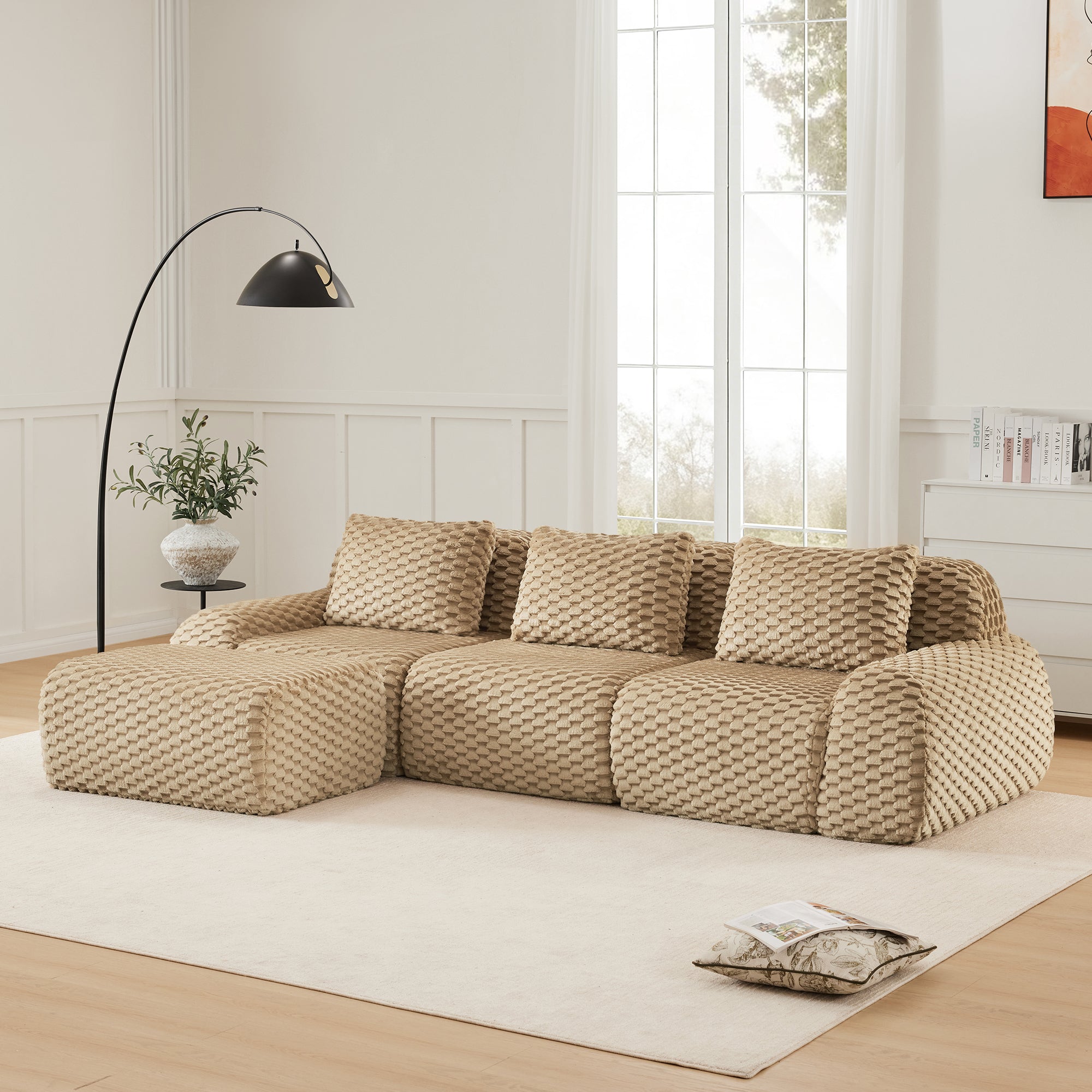 114 Modern L-Shaped Modular Sectional Sofa For Living Room,Flannelette Fabric,Oversized 3-Seater Couch,boneless Sofa ,Movable Ottoman,Buckle Connection,Anti-slip Design,No Assembly,Light