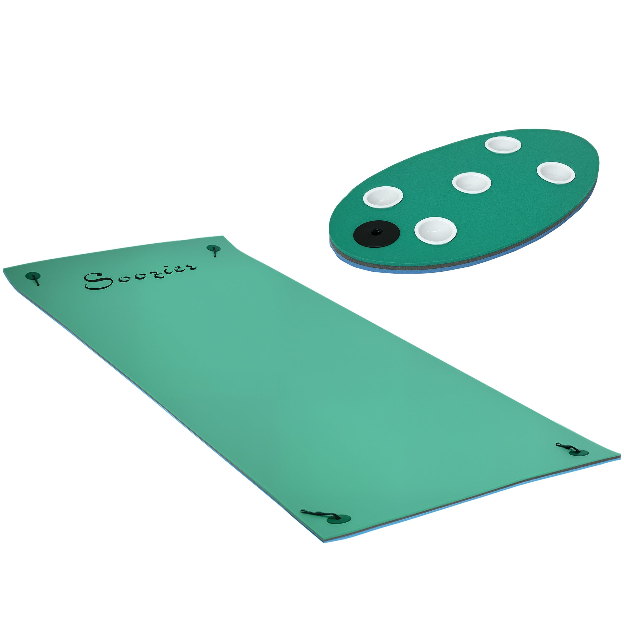 12 x 5 Lily Pad Floating Mat with Cup Holder Table, 3-Layer Portable Roll-Up Water Mat Float Dock for 2-3 People, on Lake, River, Beach, Swimming Pool, Green