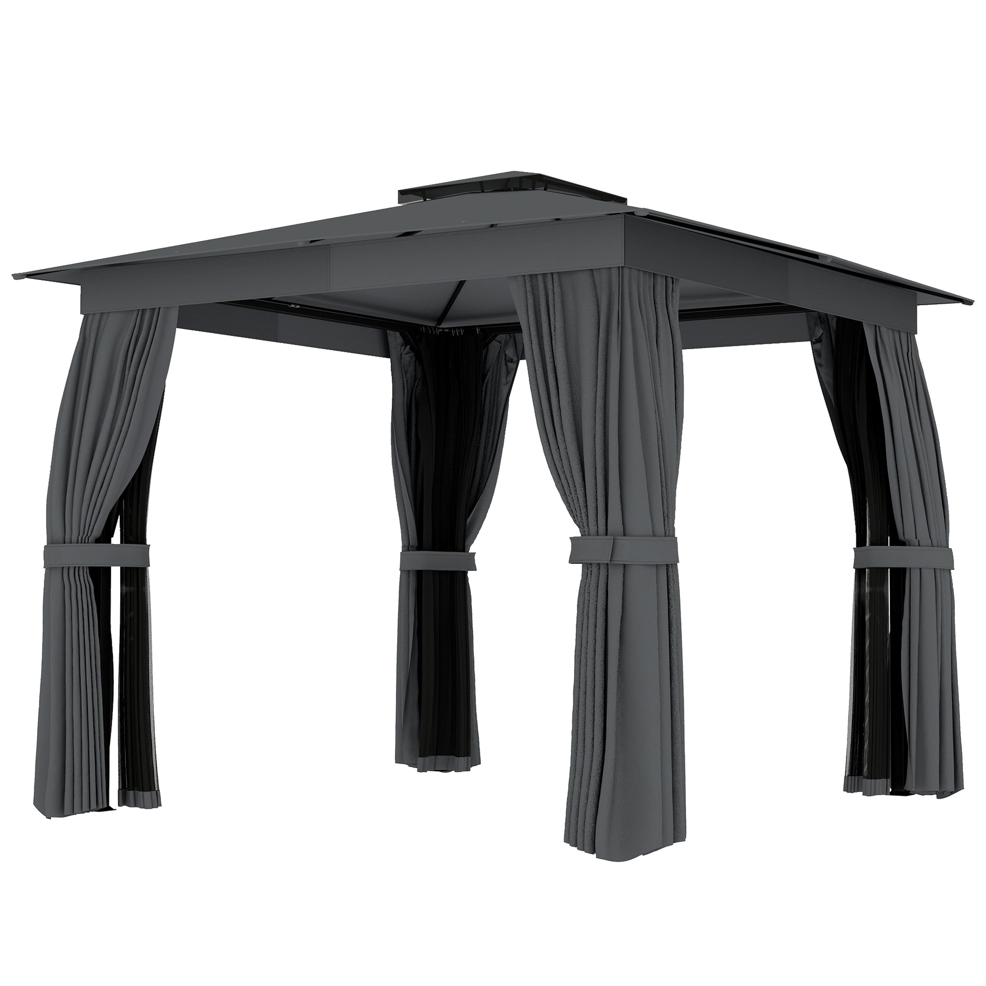 10 x 10 Outdoor Patio Gazebo, Soft Top Gazebo Canopy Shelter with Curtains, Netting, Steel Frame, Hook, Dark Gray